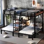 queen over twin over twin metal bunk bed with storage shelves and stairs