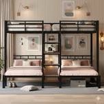 queen over twin over twin metal bunk bed with storage shelves and stairs