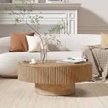 Chibuzor Pedestal Round Coffee Table, Handcrafted Solid Wood Fluted Design