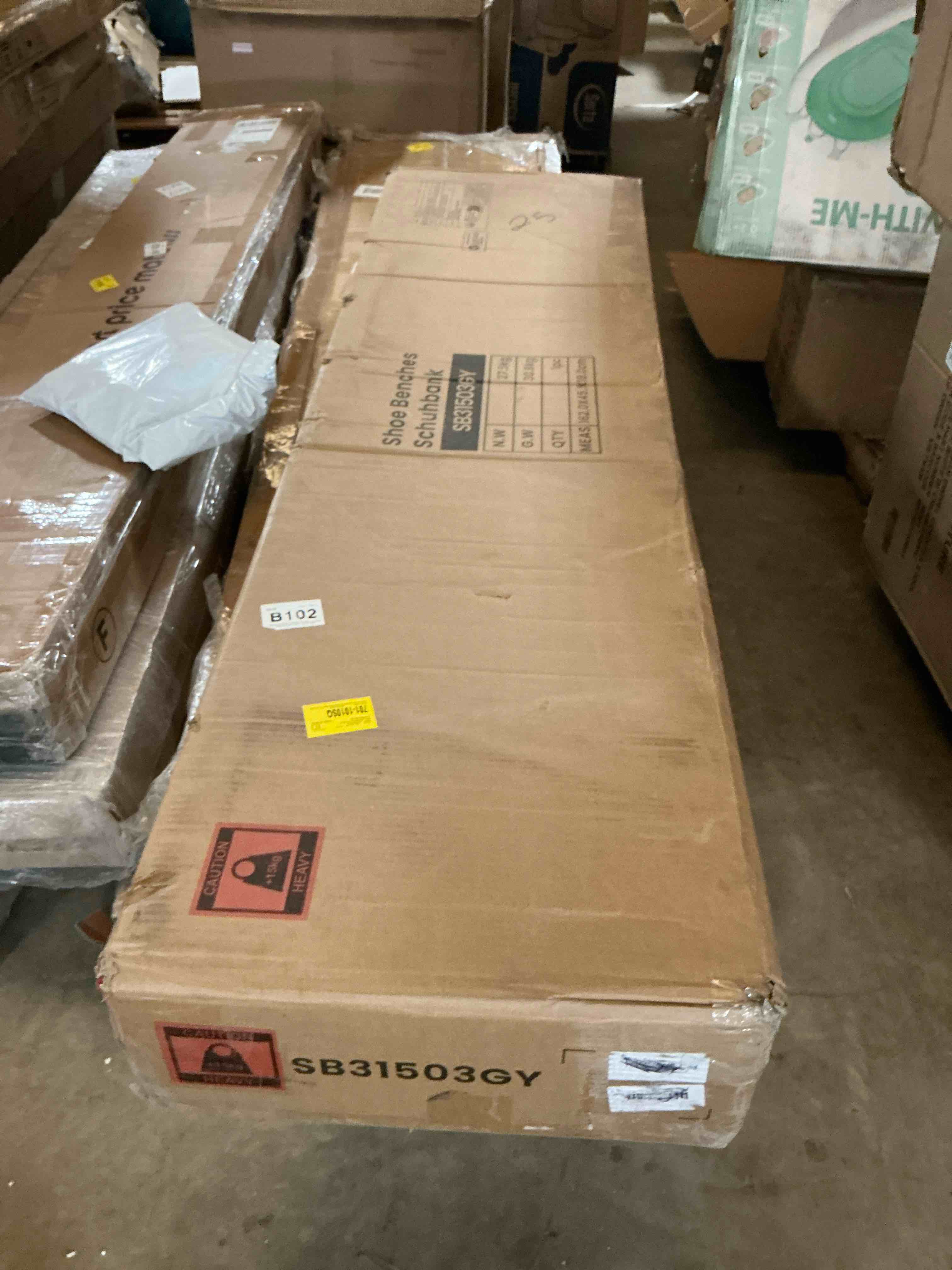 Condition photo showing As Is for farmhouse shoe storage bench, 2 tier shoe bench with padded seat cushion & 2 barn doors, entryway bench with adjustable shelf, shoe cabinet for living room, bedroom, white