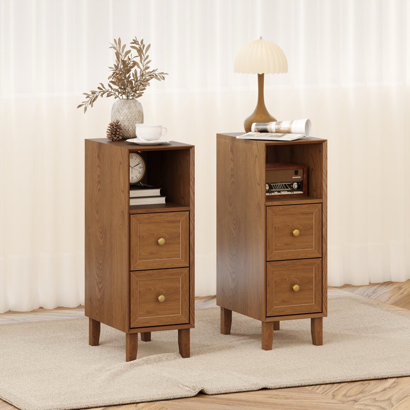2 - Drawer End Table Set With Storage Shelves, Modern Wood Side Table (set Of 2)