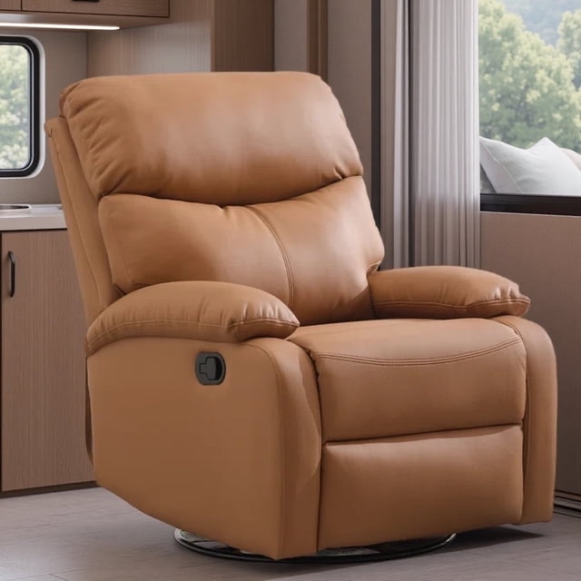 yjsr-npg01-br Compact Genuine Leather Recliner with 360° Swivel, Rocking Function & Ergonomic Design, Perfect for Small Living Areas