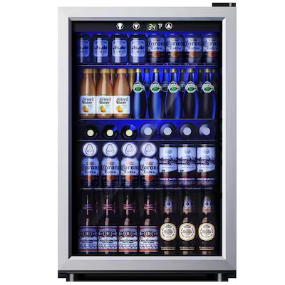 150-Can Capacity Sliver Freestanding Beverage Refrigerator with Reversible Door and Adjustable Shelves