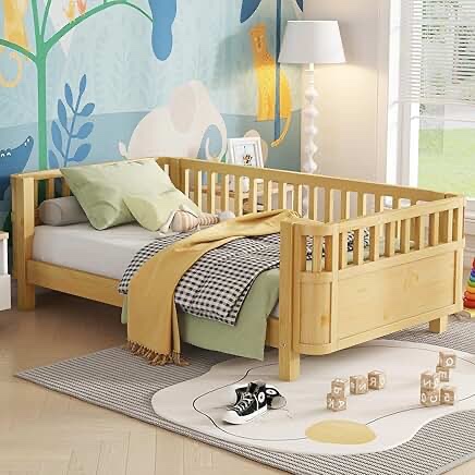 w2593p367051 twin size wood platform bed for kids, wood low profile twin bed with rails for girls and boys, natural