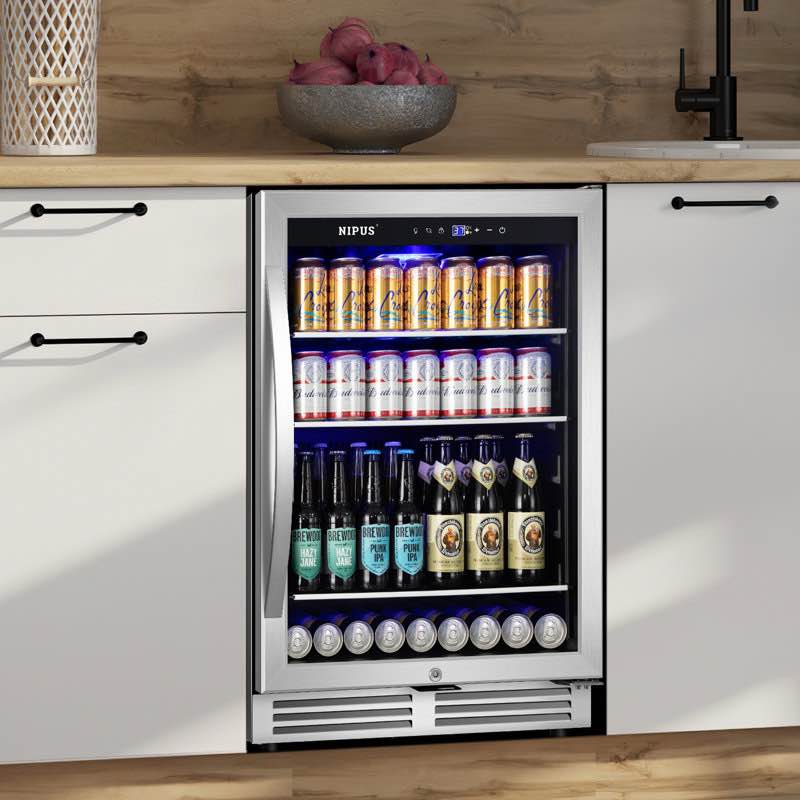 24 inch beverage refrigerator cooler, 190 can built-in and freestanding with glass door, led light, safety lock for beer, wine, soda, drinks, classic series – available in three colors: silver, black, and white