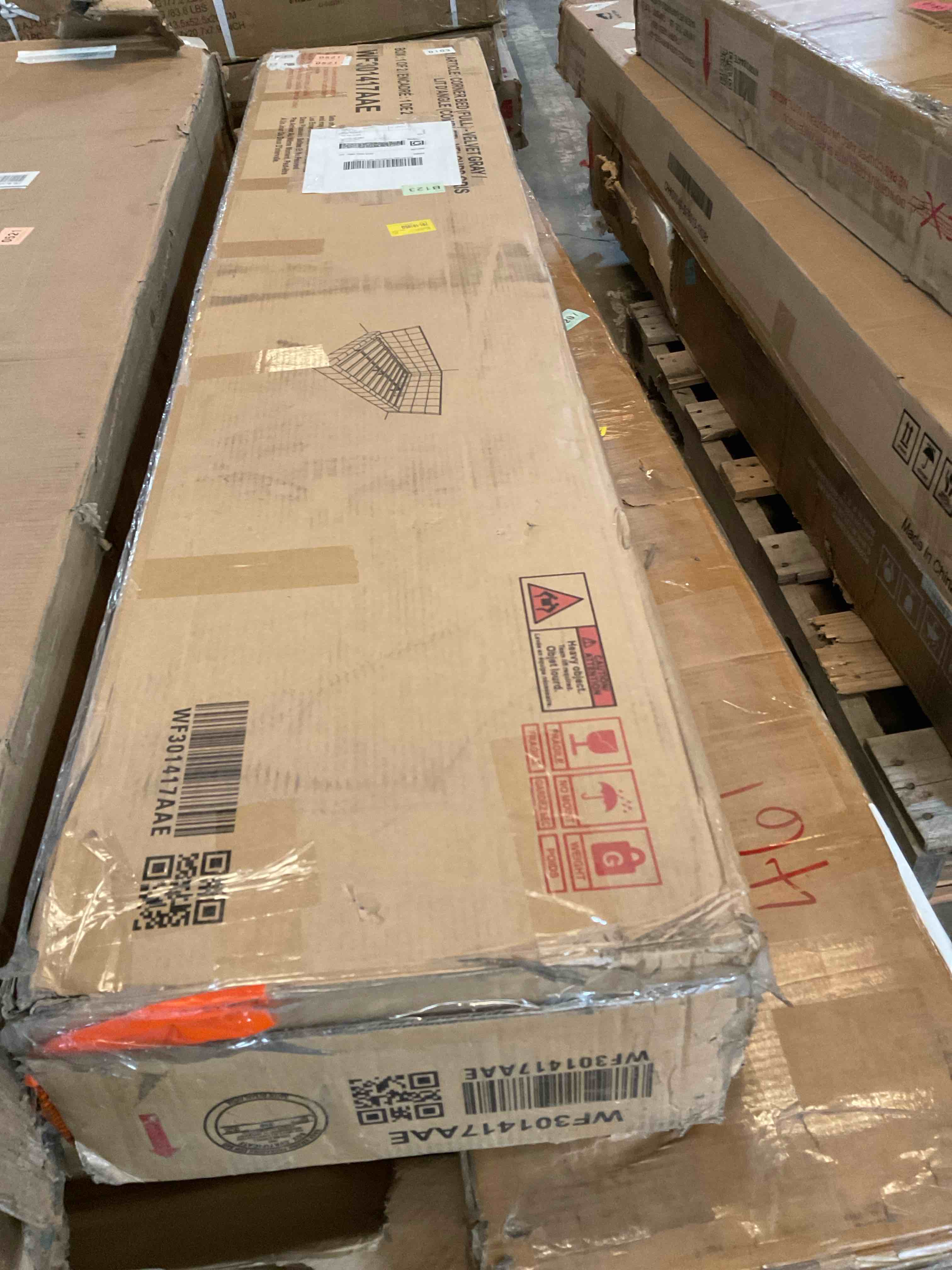 Condition photo showing Good Condition for (complete set, 2 of 2 boxes) corner bed (full) velvet grey