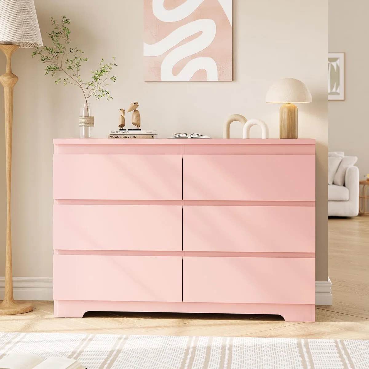 modern pink 6 drawer dresser – simply modern chest of drawers for clothes storage, wood storage double dresser for bedroom, living room, entryway