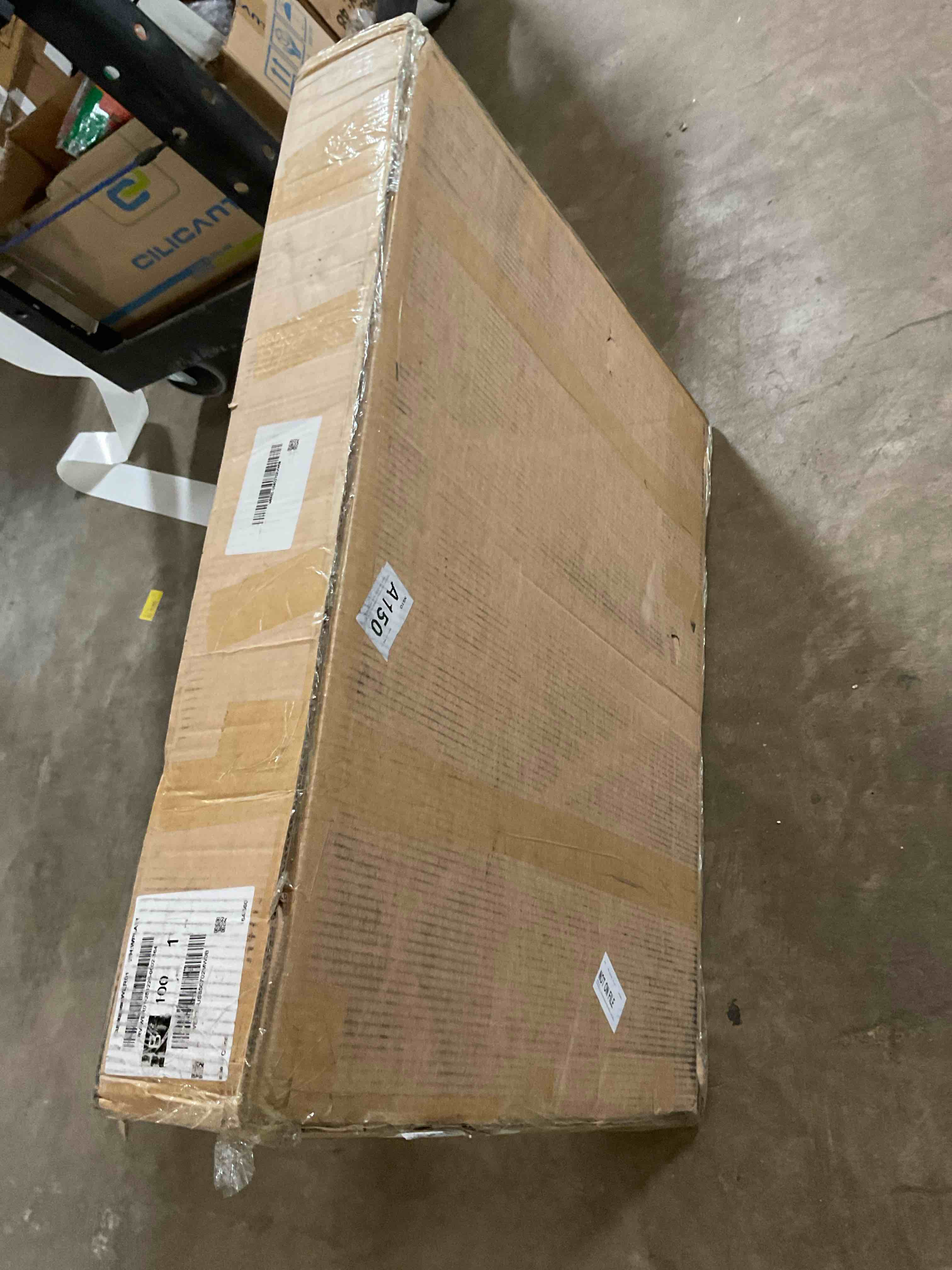 Condition photo showing Good Condition for modern reception desk with storage, 62.2" w two-level countertop for office and commercial use