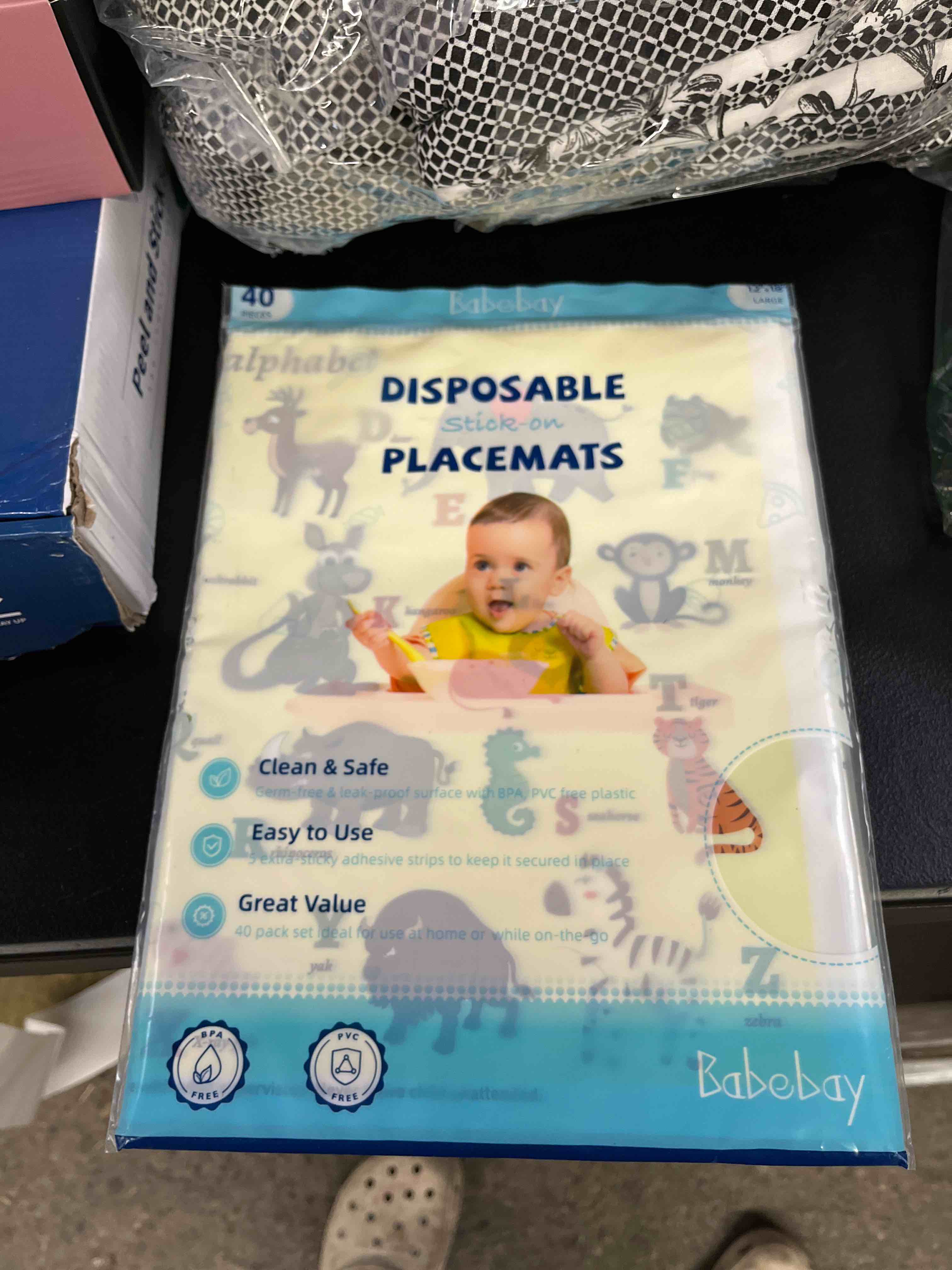 Condition photo showing Good Condition for babebay disposable stick-on placemats 40 pack for baby & kids & toddler, sticky placemats restaurant table mats 12" x 18" (animal alphabet) animal alphabet theme 12x18 inch (pack of 40)