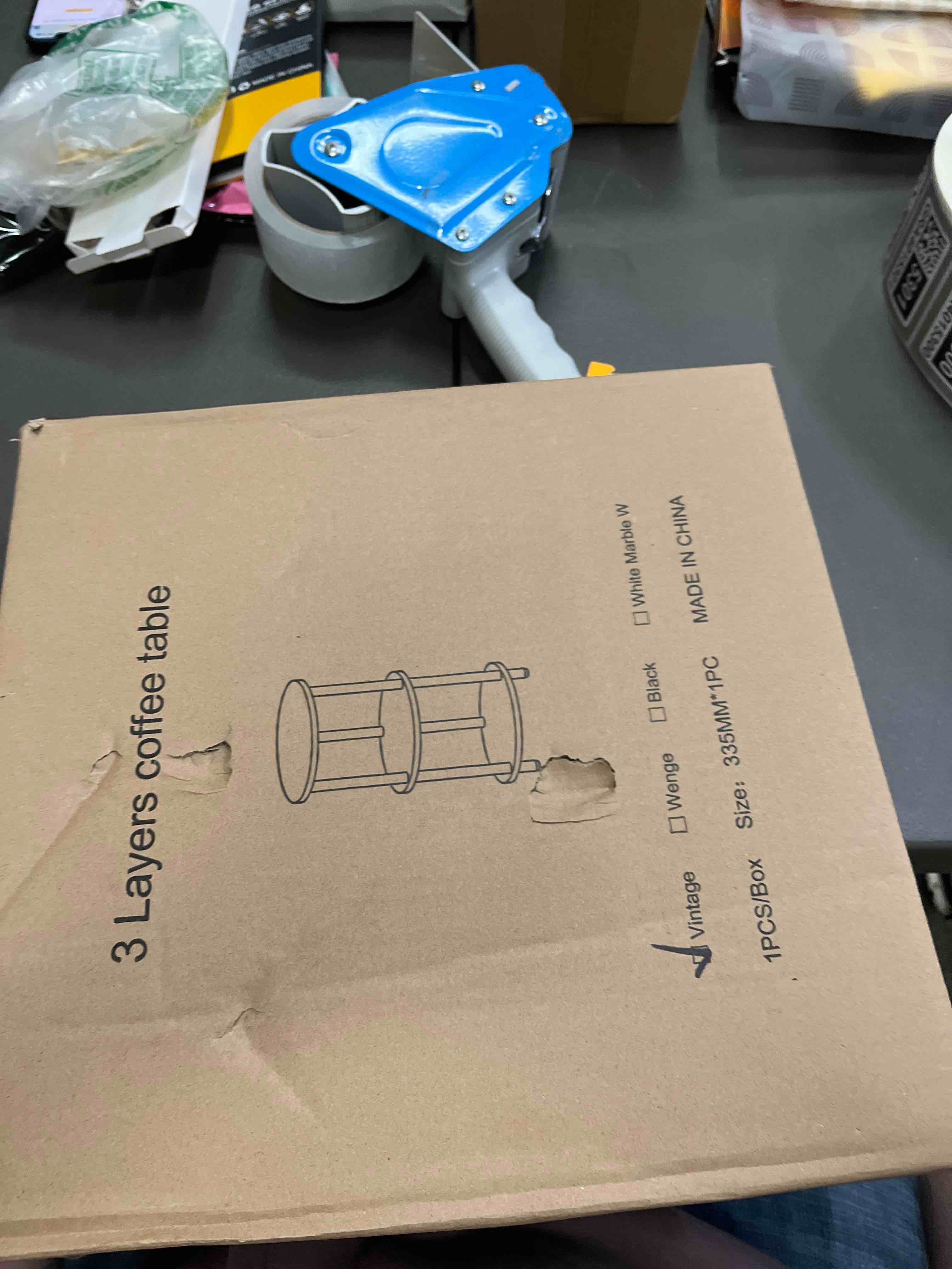 Condition photo showing Good Condition for Small Round End Table - 3 Tier Design Accent Table, Narrow Side or Bedside Stand, Industrial Vintage Nightstand for Bedroom, Living Room, or Small Spaces, Rustic Brown 1 Pack No Power Outlets Rustic Brown