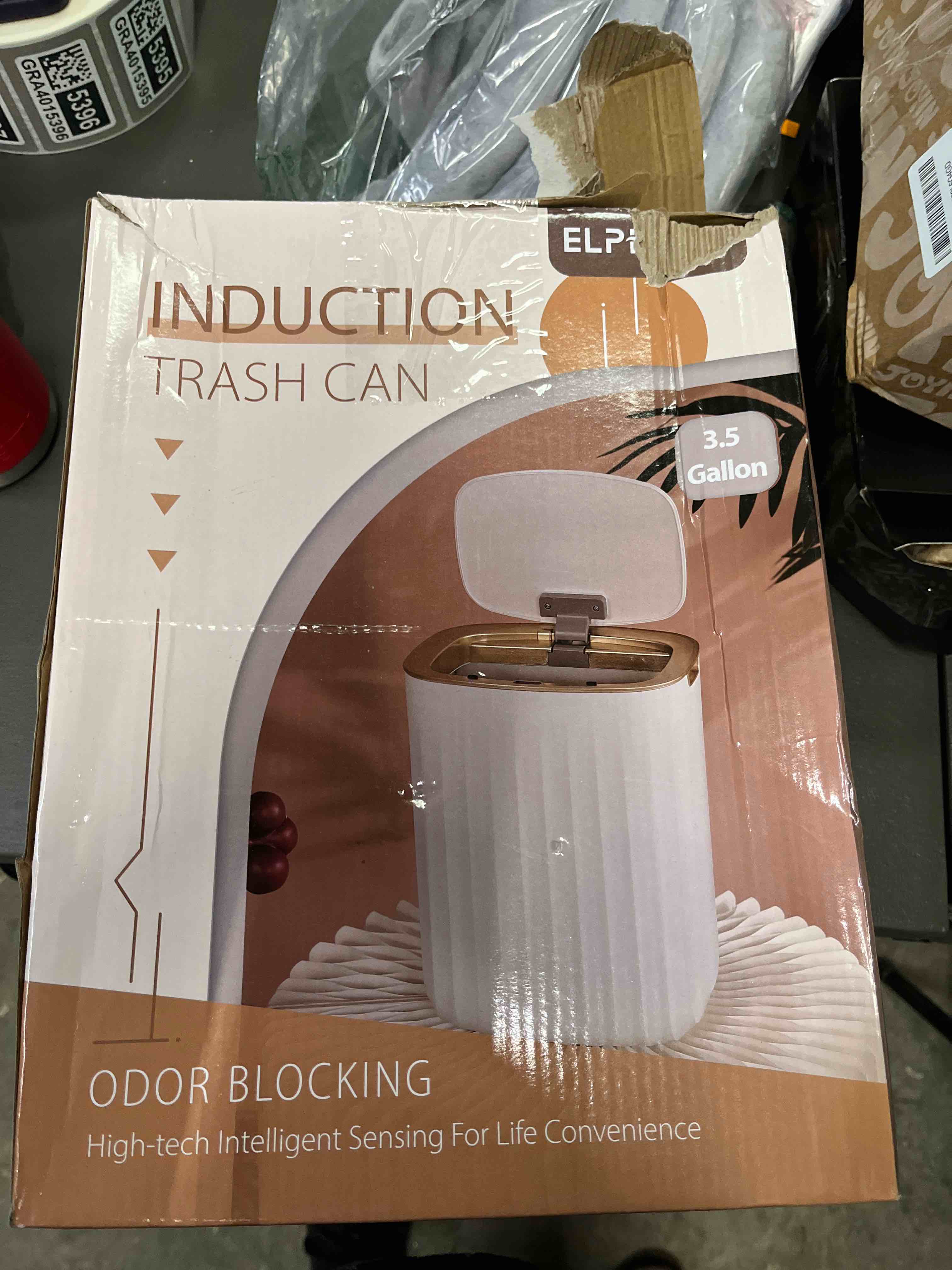 Condition photo showing Good Condition for ELPHECO 3.5 Gallon Waterproof Motion Sensor Bedroom Trash Can with Lid Bathroom Decor, Bathroom Accessories Automatic Garbage Bin for Living Room Office, Golden 3.5 Gallon White with Golden Trim