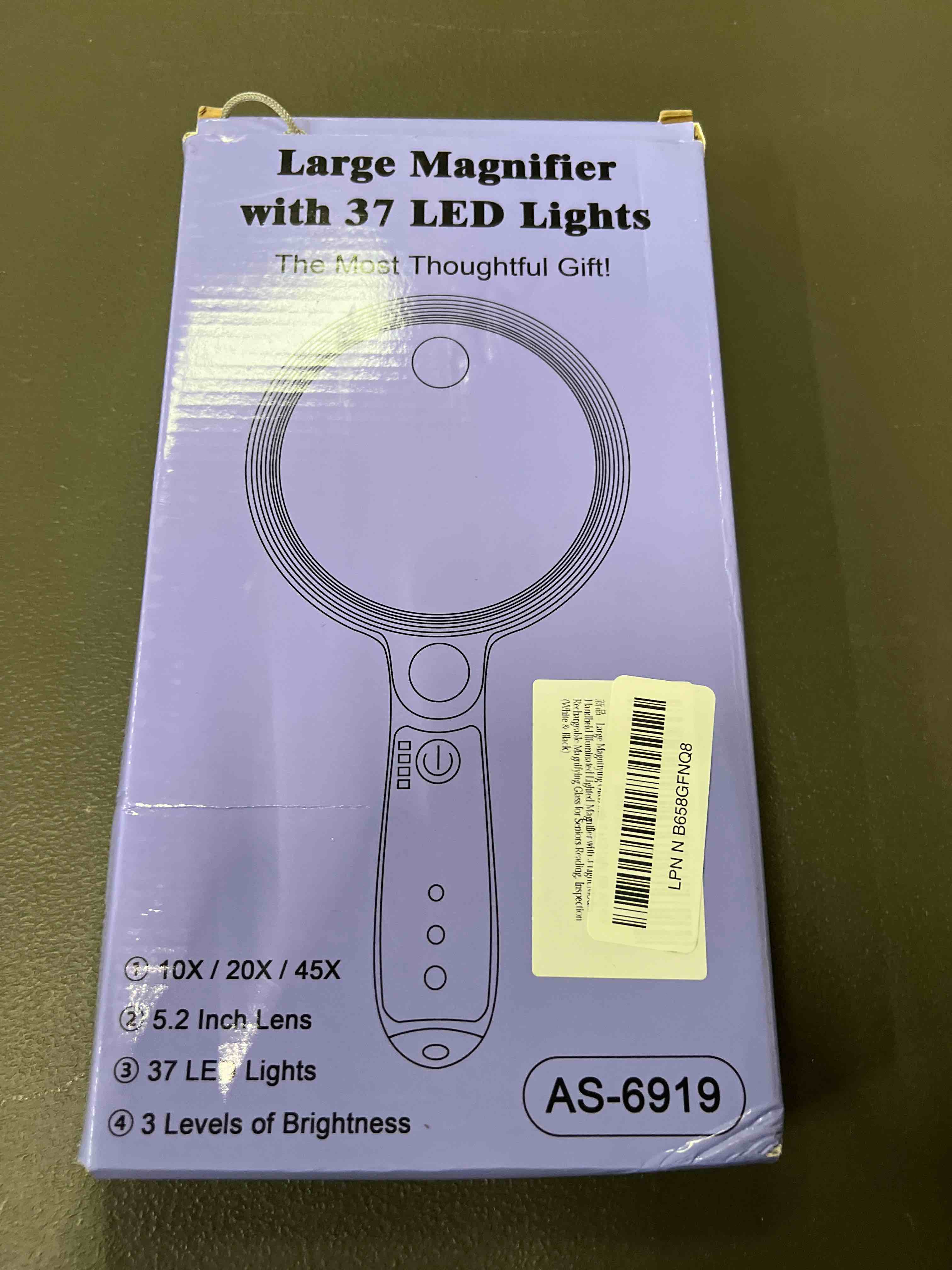 Condition photo showing Good Condition for Large Magnifying Glass with 37 LED Light, 10X 20X 45X Handheld Illuminated Lighted Magnifier with 3 Light Modes Rechargeable Magnifying Glass for Seniors Reading, Inspection (White & Black) White & Black Magnifier with Light (No Case)