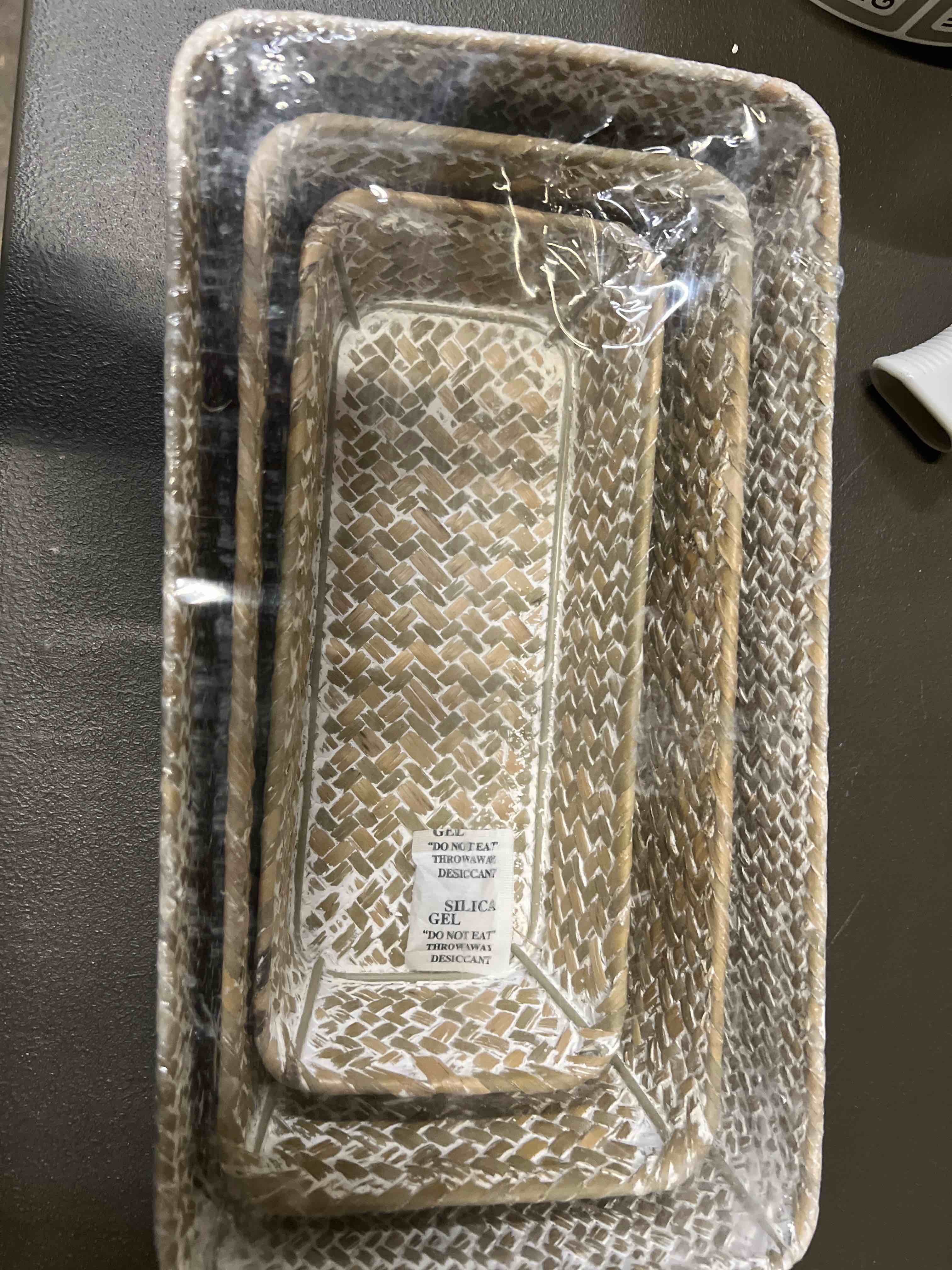 Condition photo showing Good Condition for 3 Natural Wicker Baskets Set Rectangular Handwoven Seagrass Basket Storage Bins Home Organizer Bins - Household Basket Box for Shelf Wardrobe Desktop Home Decor (Whitewash) White-Washed