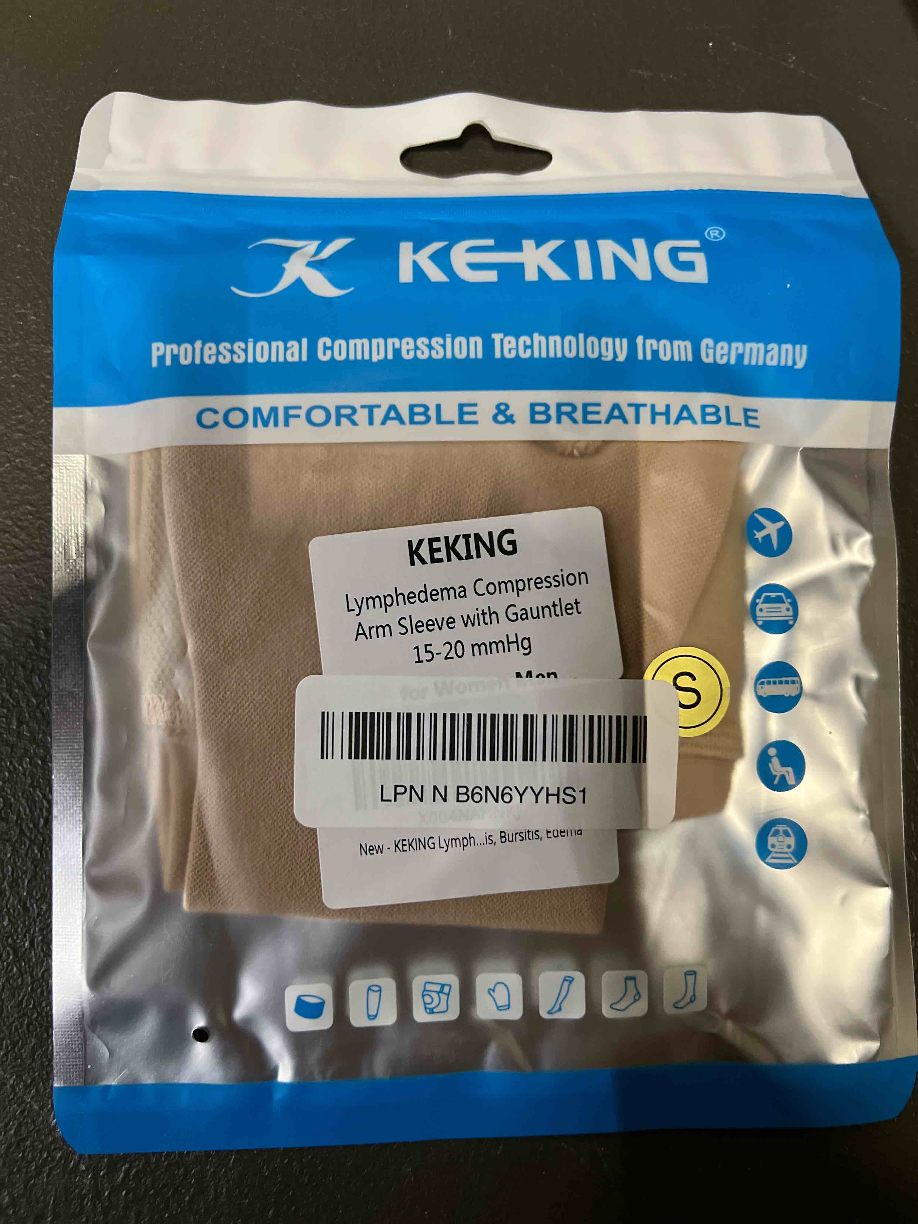 Condition photo showing Good Condition for KEKING Lymphedema Medical Compression Arm Sleeve with Gauntlet, 15-20 mmHg Graduated Compression Full Arm Support for Women Men (Single), Long Pressure Arm Hand Brace for Arthritis, Bursitis, Edema Small Beige (Single)