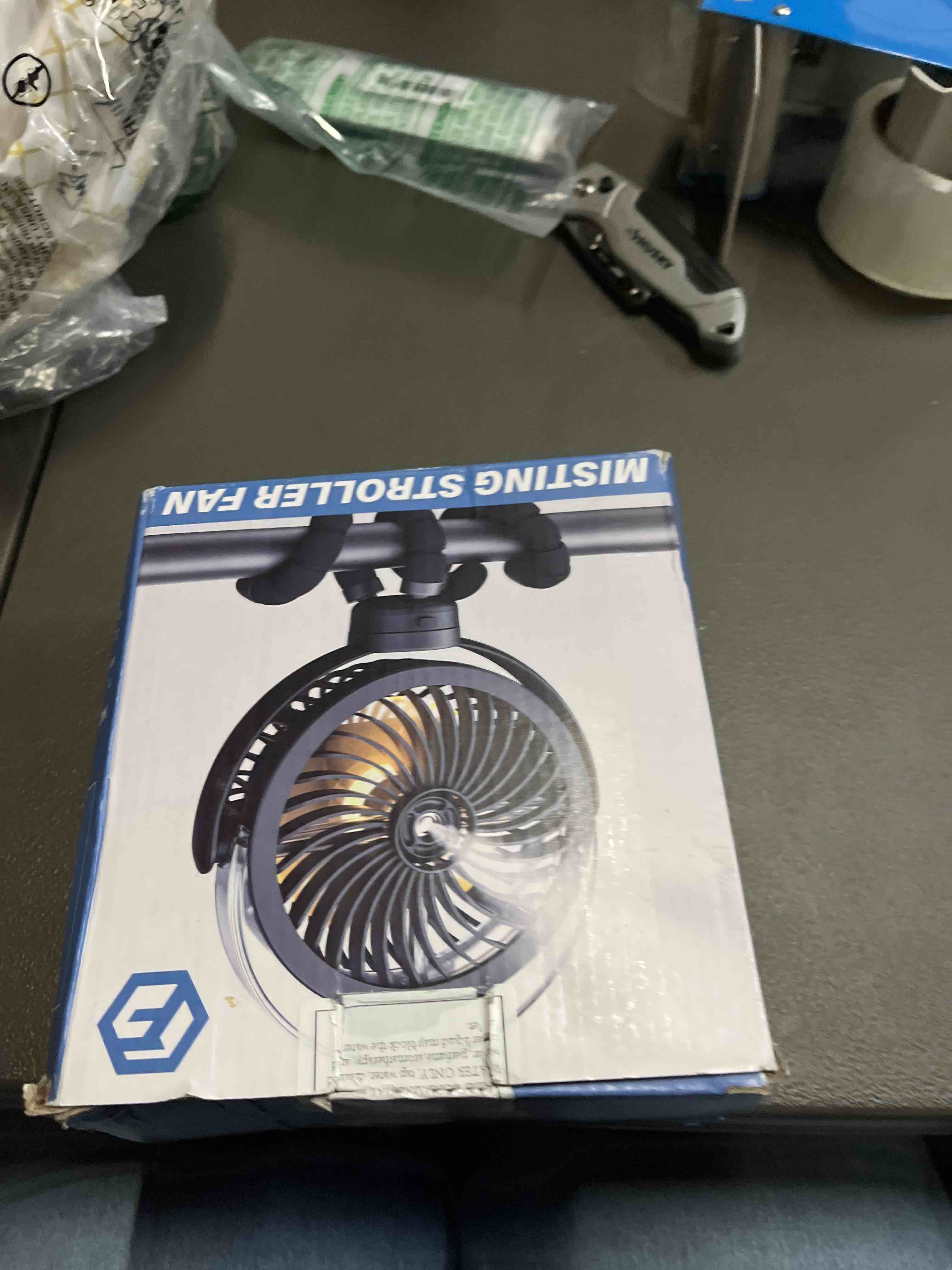 Condition photo showing Good Condition for Misting Stroller Fan, 6000mAh Battery Operated Portable Fan with Light & 360° Pivoting, Personal Fans with Flexible Tripod for Baby, Office, Travel,Treadmill,Outdoors Black