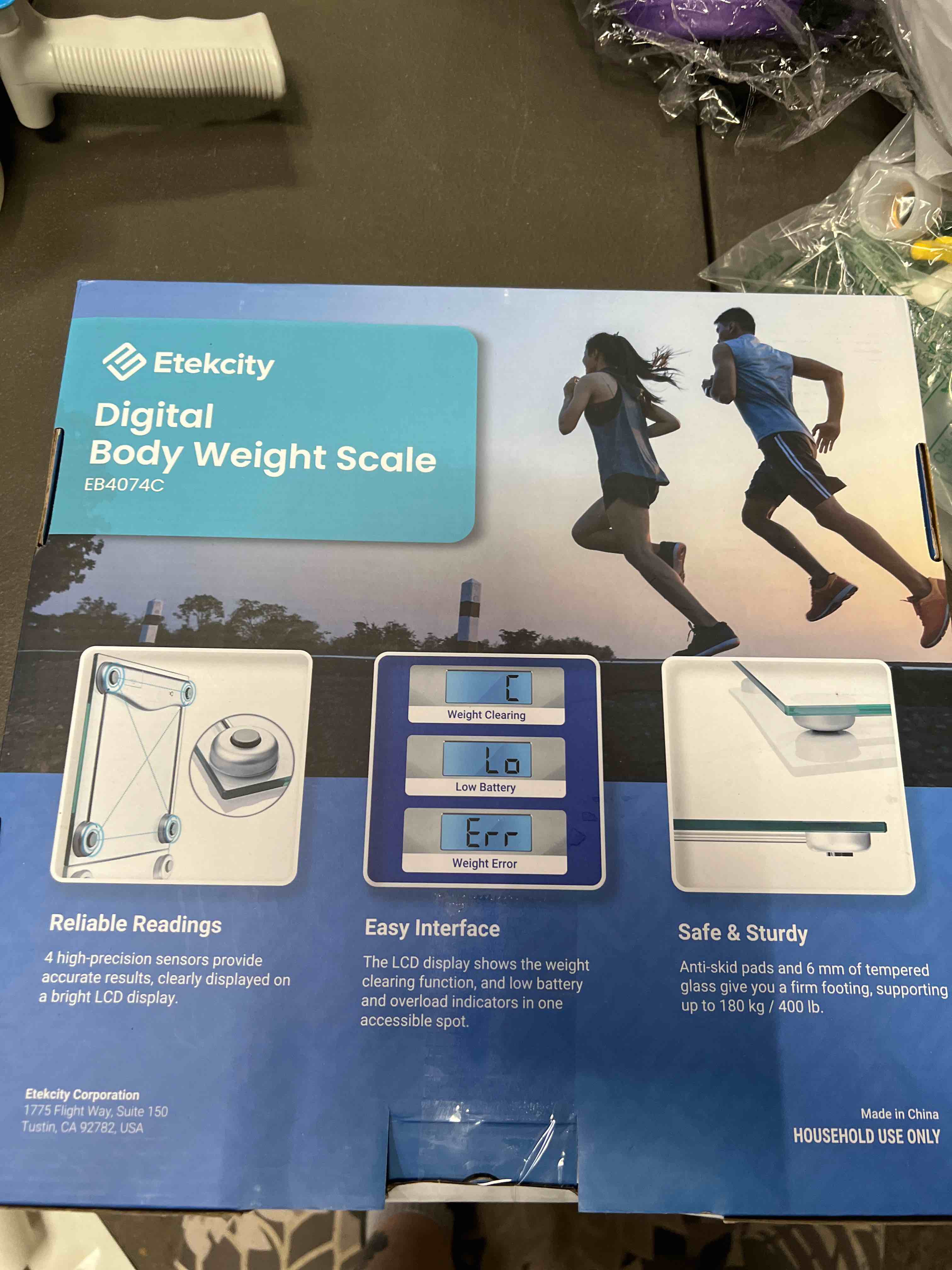 Condition photo showing Good Condition for etekcity digital body weight bathroom scale, large blue lcd backlight display, high precision measurements,6mm tempered glass, 400 pounds blinding silver 11.9 x 11.9 x 0.95 inches