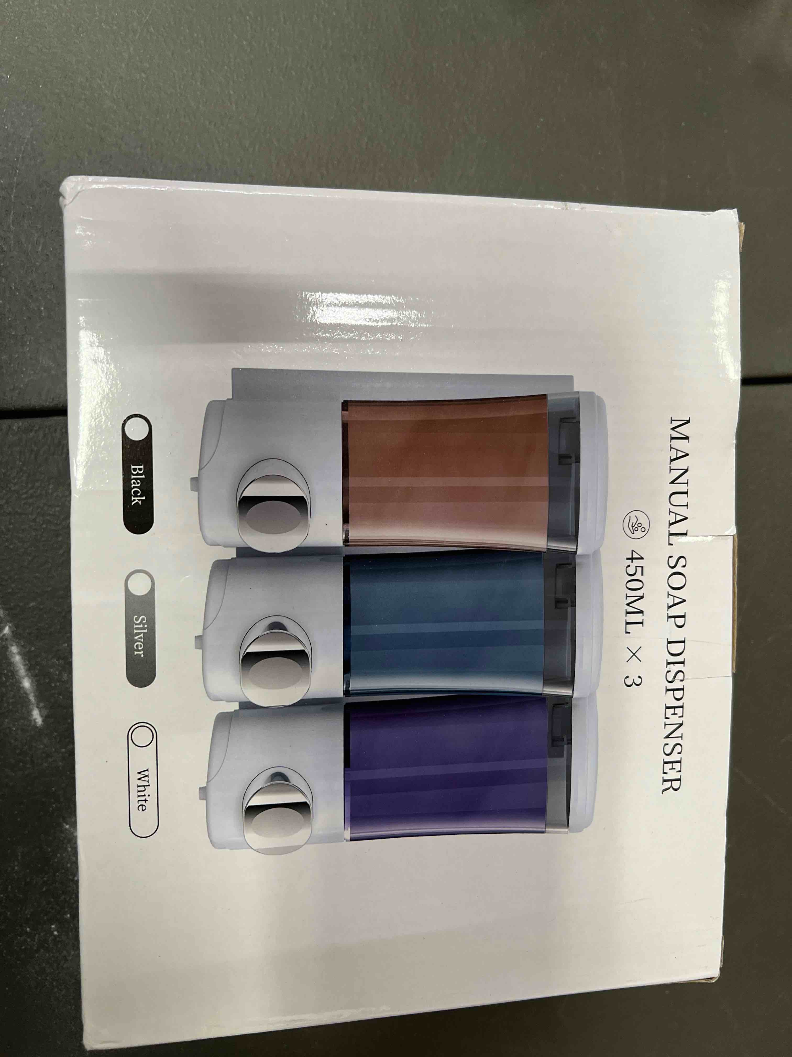 Condition photo showing Good Condition for shampoo and conditioner dispenser no drill shower soap dispenser wall mounted shower dispenser 3 chamber with upgrade smooth pump head bathroom body wash soap dispenser set 450ml*3 white white 3 chamber