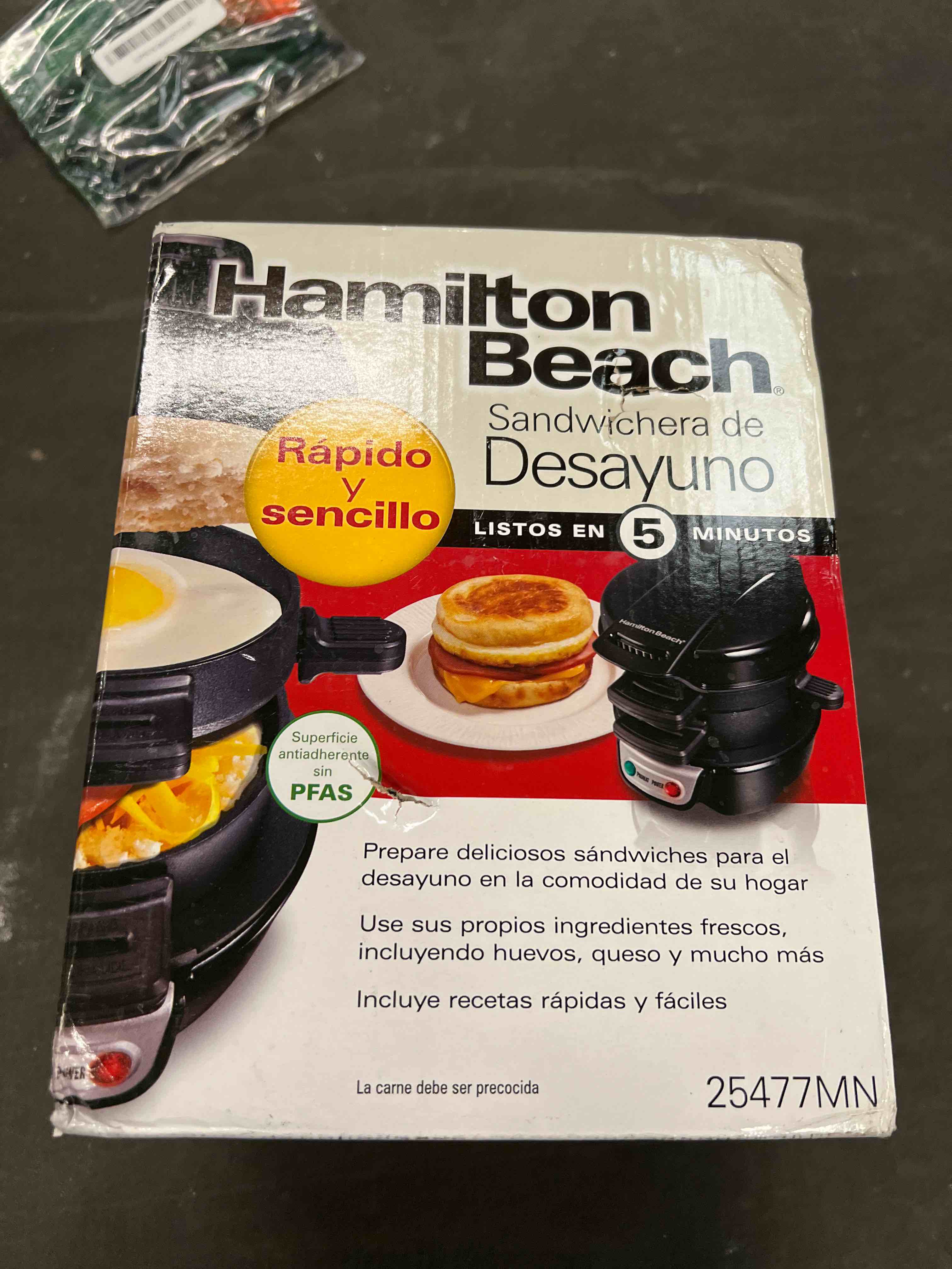 Condition photo showing Good Condition for hamilton beach breakfast sandwich maker with egg cooker ring, customize ingredients, perfect for english muffins, croissants, mini waffles, perfect white elephant gifts, black (25477) black single