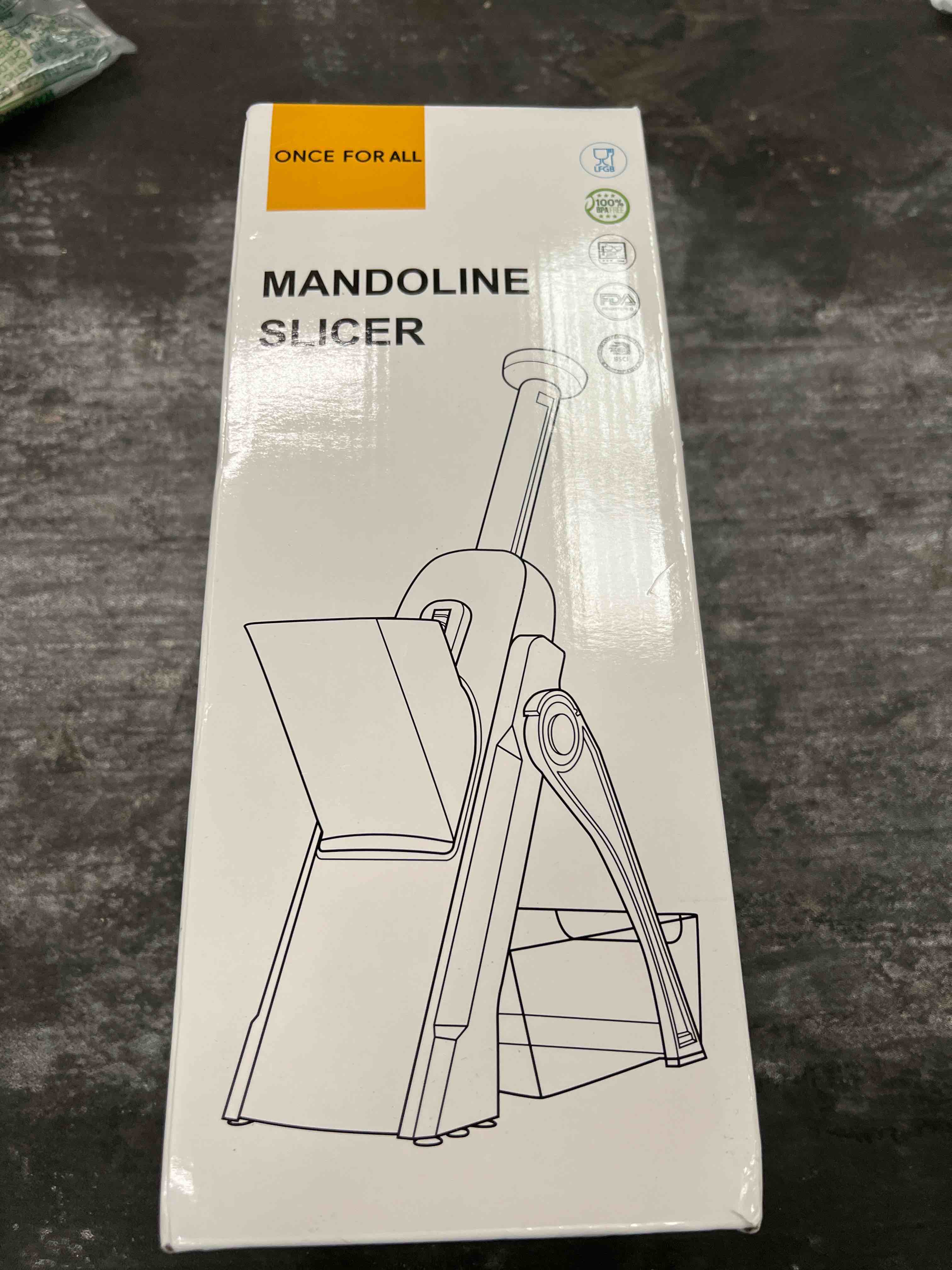 Condition photo showing Good Condition for once for all safe mandoline slicer 5 in 1 vegetable chopper food potato cutter, strips julienne dicer adjustable thickness 0.1-8 mm kitchen chopping artifact fast meal prep (gray)