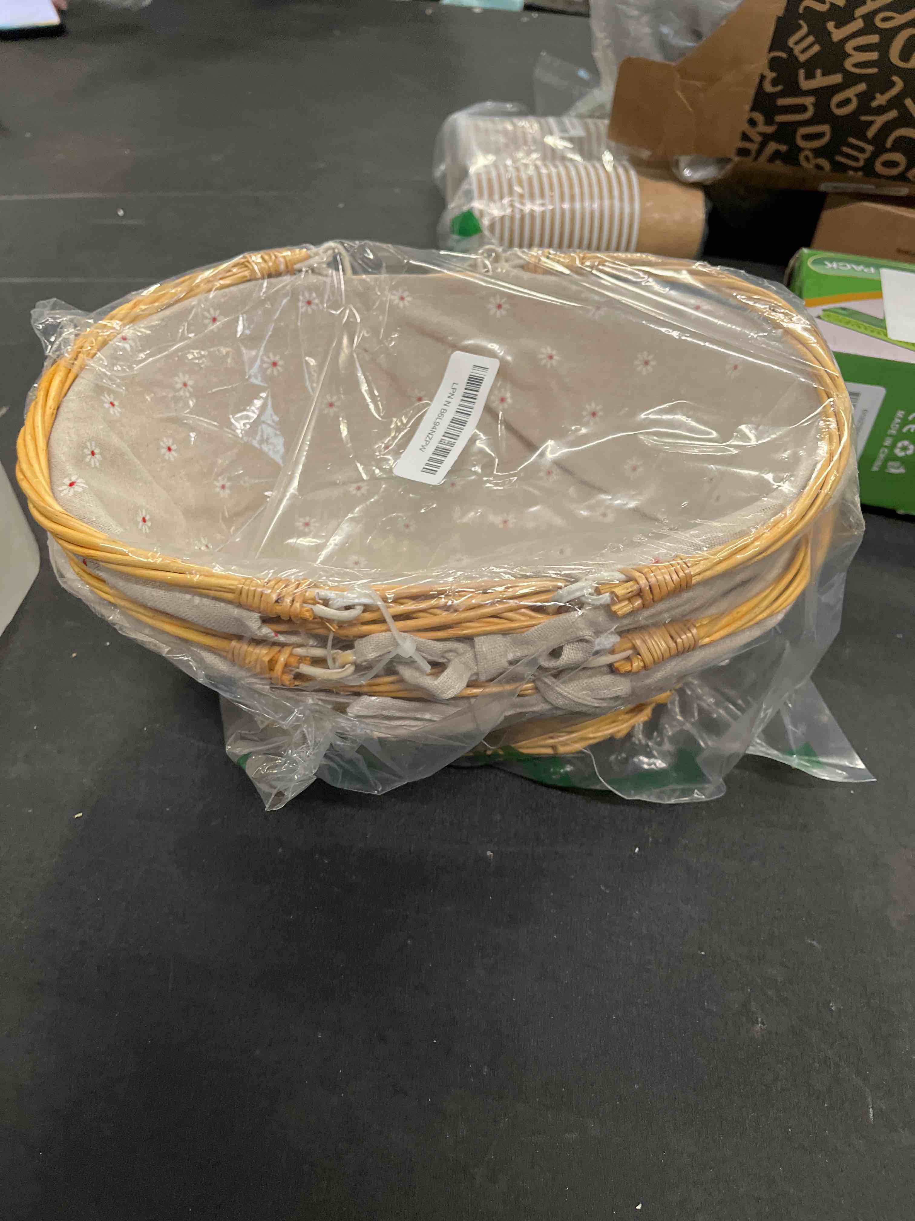 Condition photo showing Good Condition for kinjoek 2 packs wicker woven basket, 13" x 9" x 4.8" multipurpose natural willow basket with handle premium linen cotton cloth lining for storage and decoration, natural
