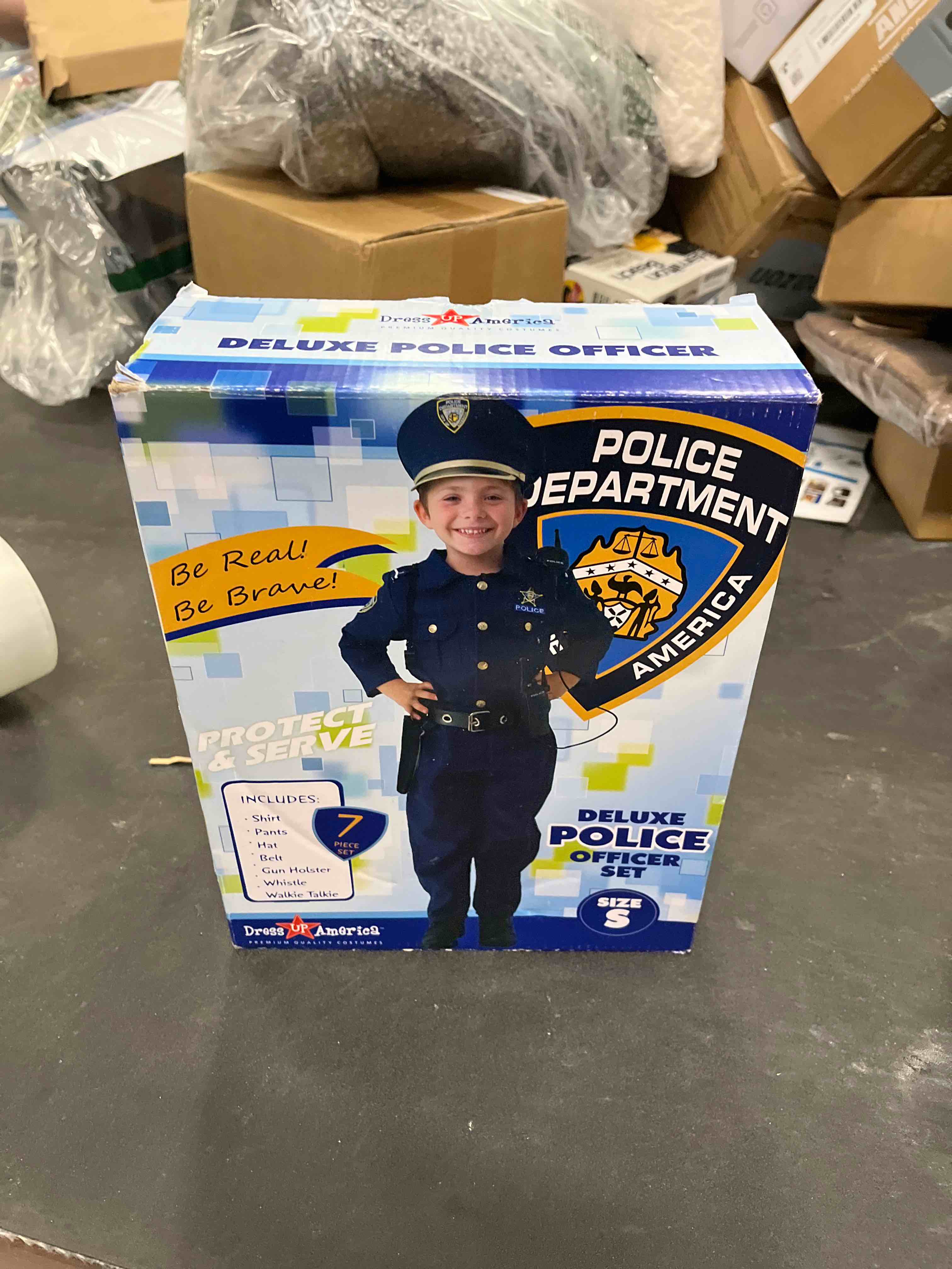 Condition photo showing Good Condition for dress up america police costume for kids – realistic cop uniform with shirt, pants, hat & accessories - halloween costume small