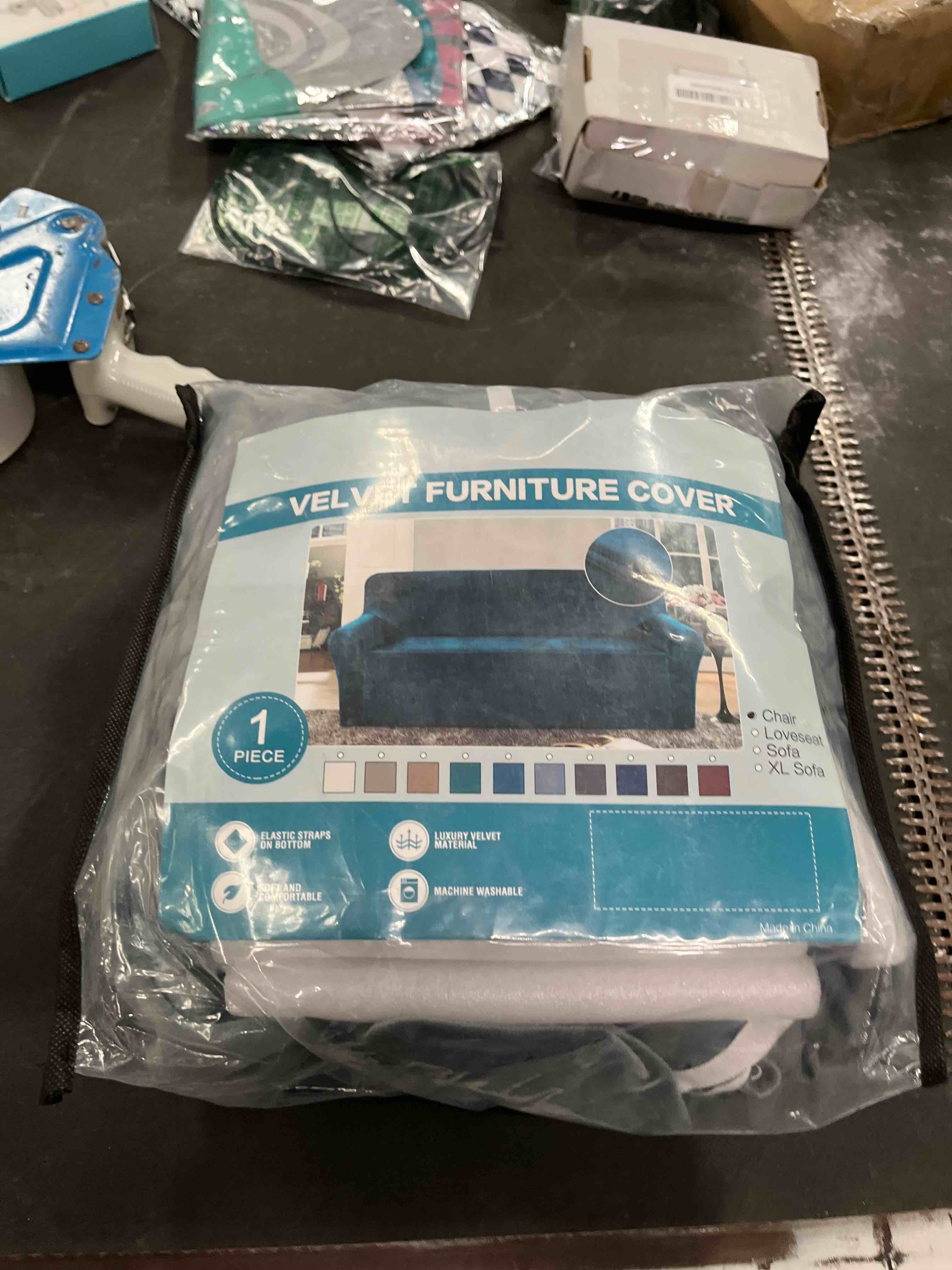 Condition photo showing Good Condition for chair and ottoman cover set, armchair and ottoman velvet cover non-slip, stretch single seat sofa and foot stool covers set for living room (grey blue,chair + ottoman) grey blue chair + ottoman