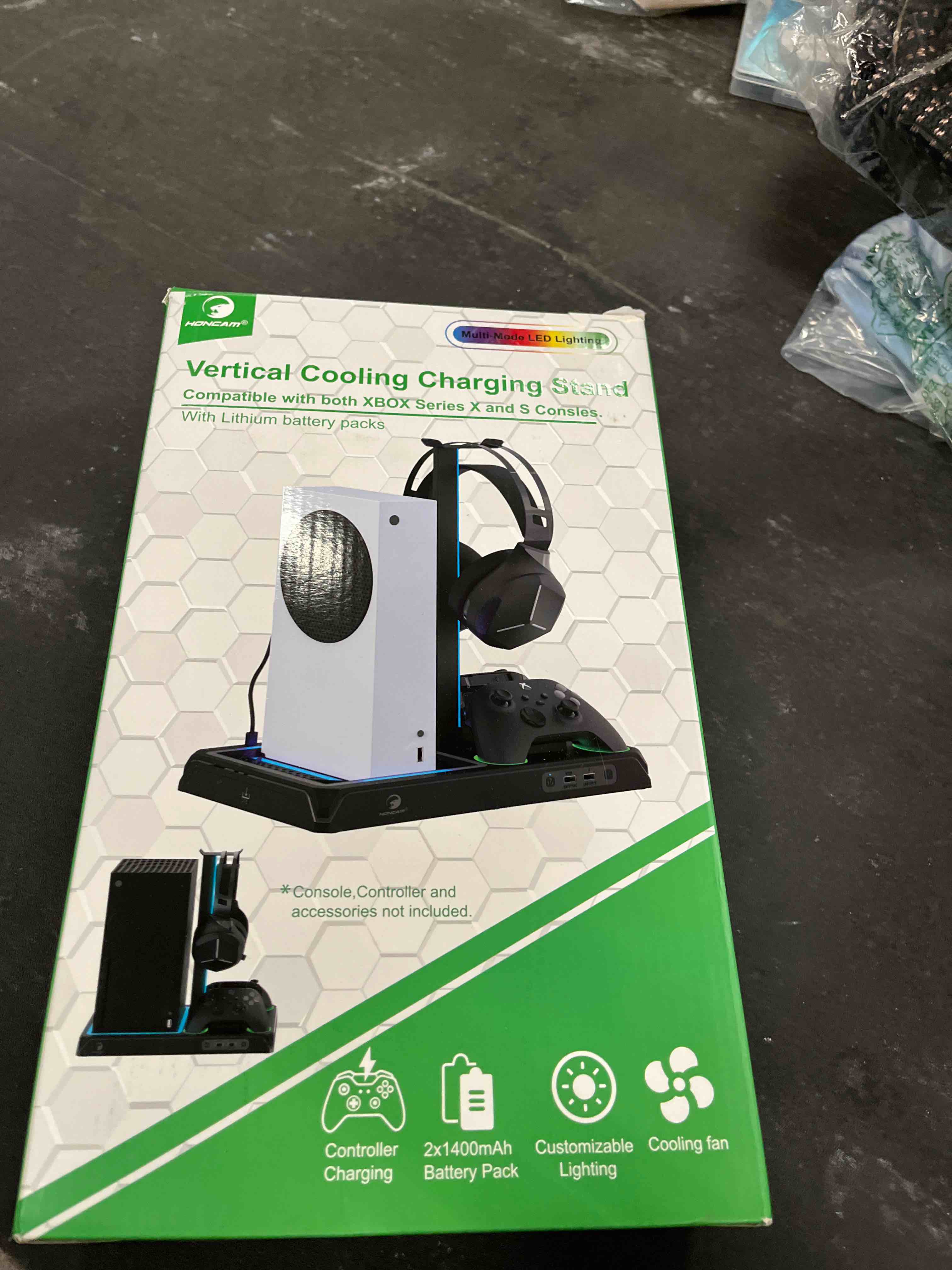 Condition photo showing Good Condition for xbox stand with cooling fan for series x/s,xbox accessories upgraded vertical rgb stand with dual controller fast charger station,headphone holder, 2x1400 mah rechargeable battery packs