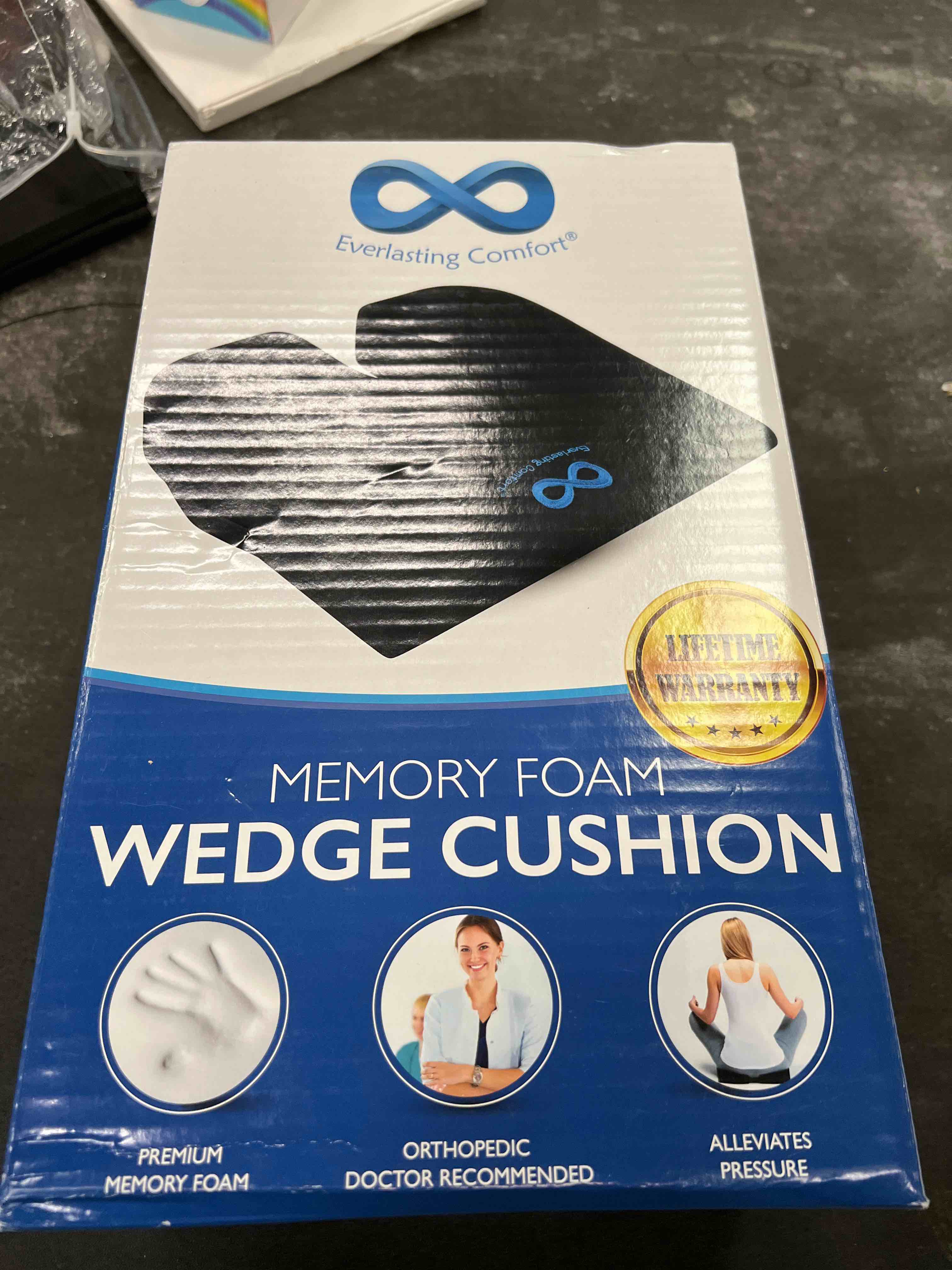 Condition photo showing Good Condition for everlasting comfort car seat cushion for driving - wedge car cushion for office, travel, gaming chair memory foam driver booster for short people, non-slip, washable cover, back & sciatica relief black