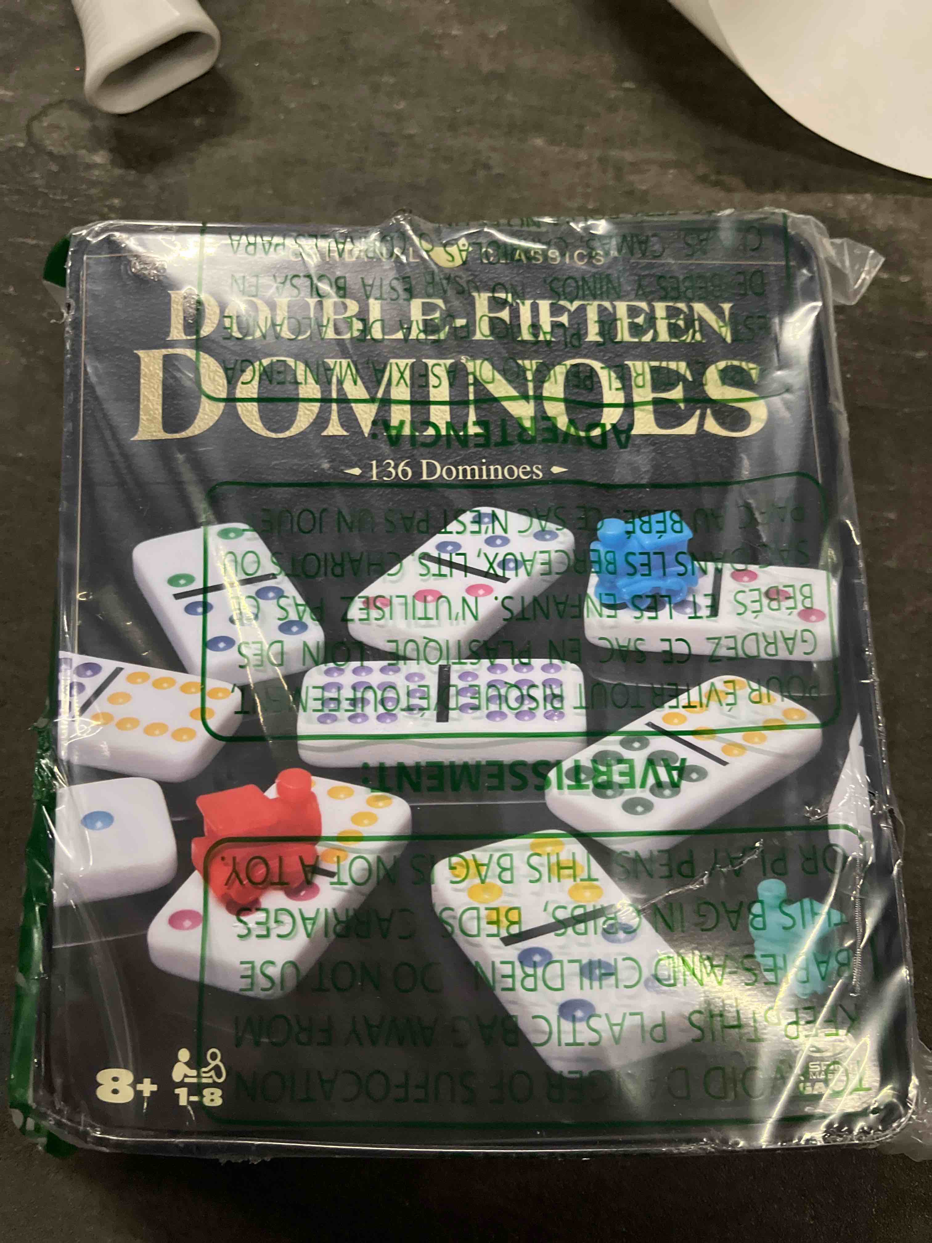 Condition photo showing Good Condition for spin master games, cardinal classics double 15 dominoes set in storage tin, family board games, 2-6 players, for ages 8 & up double line 15