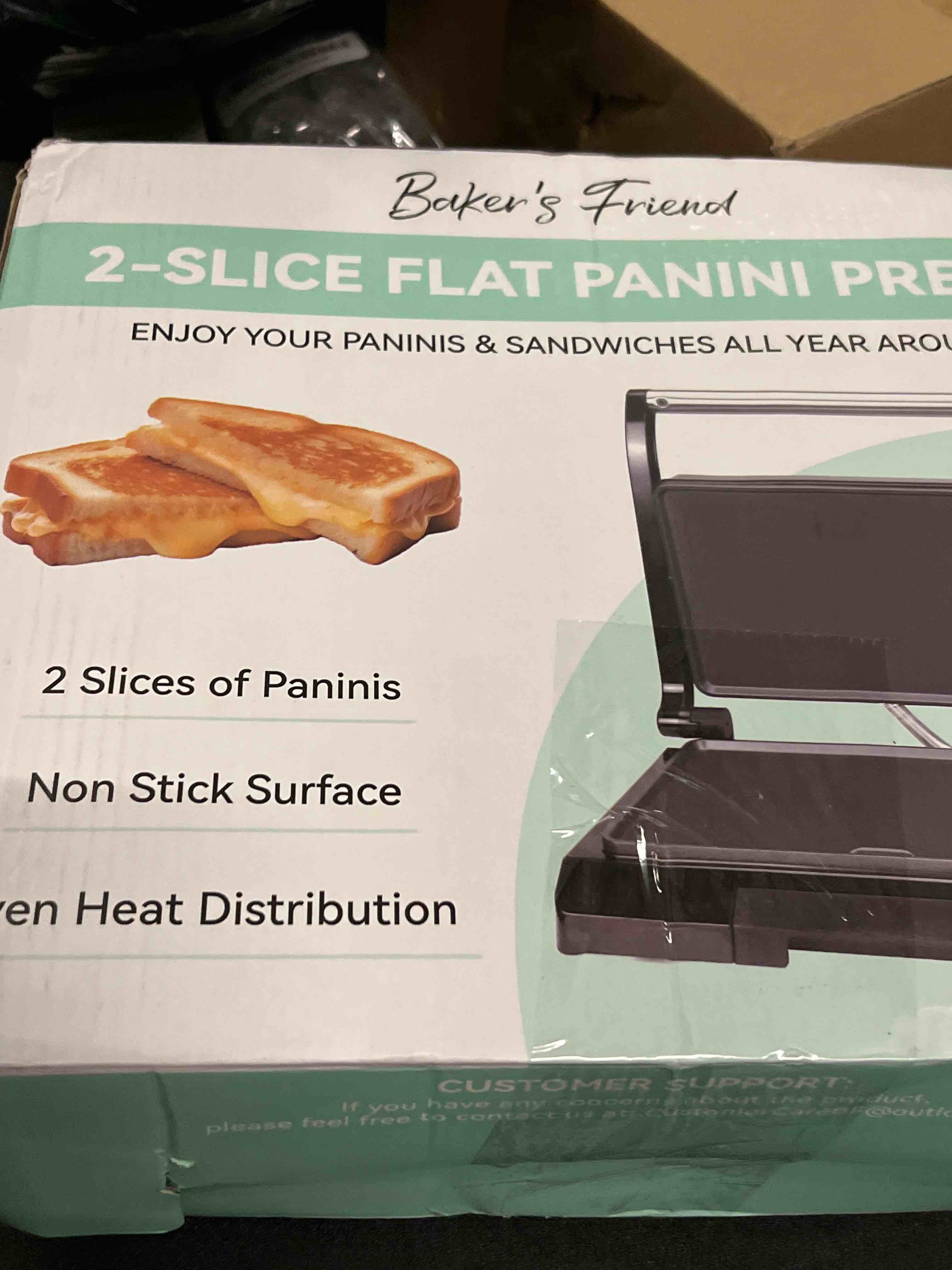 Condition photo showing Good Condition for baker's friend mini panini press electric griddle, 2 slices of panini grill press sandwich maker press, sandwichera electrical for pancakes & eggs, oil tray, non stick surfaces, stainless steel mini flat panini press
