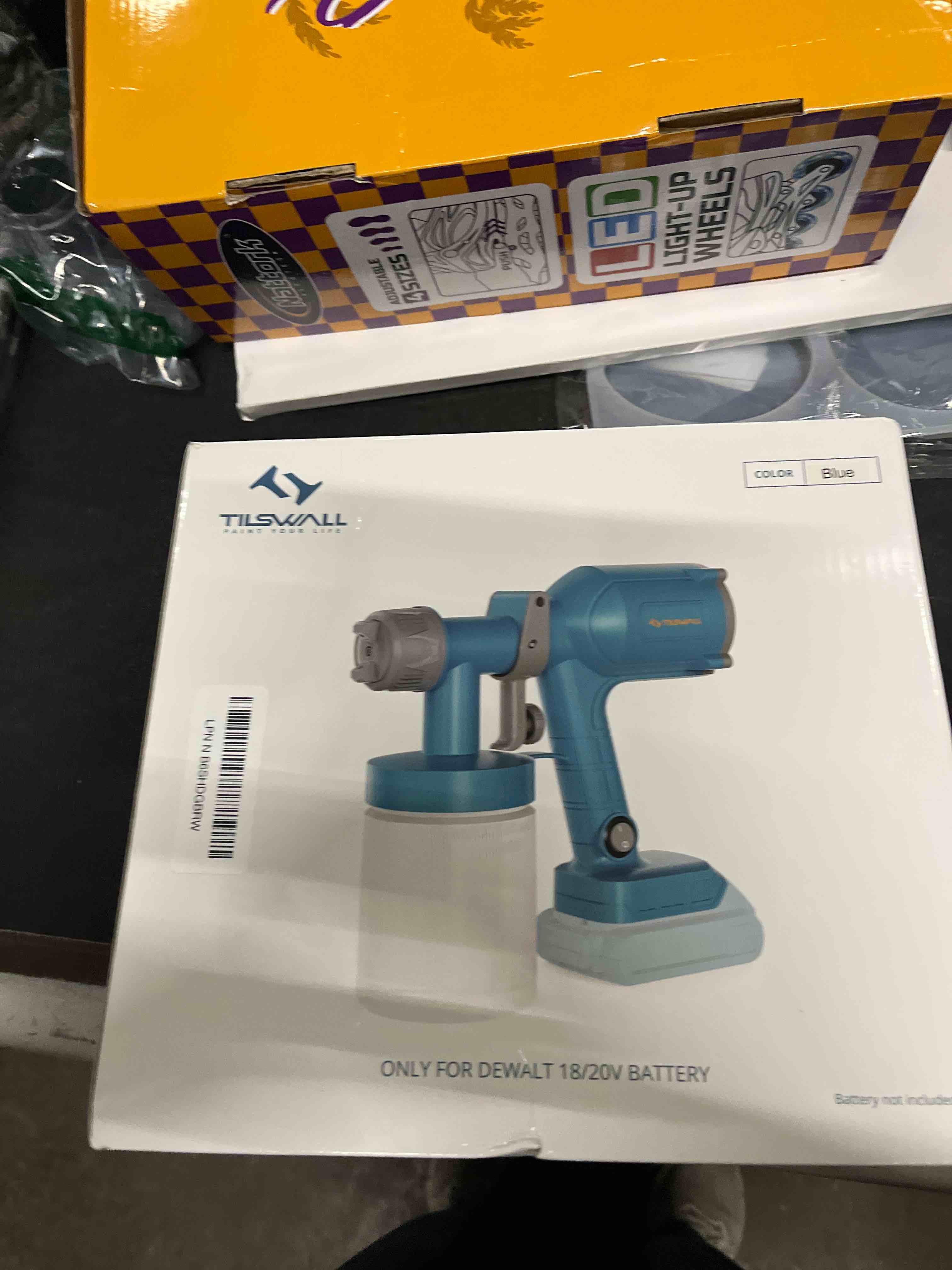 Condition photo showing Good Condition for tilswall paint sprayer, cordless paint sprayer for dewalt 20v max battery, 3 spray modes for fences, sheds, walls, ceilings, furniture, cabinets, garden & diy, white (battery not included) blue