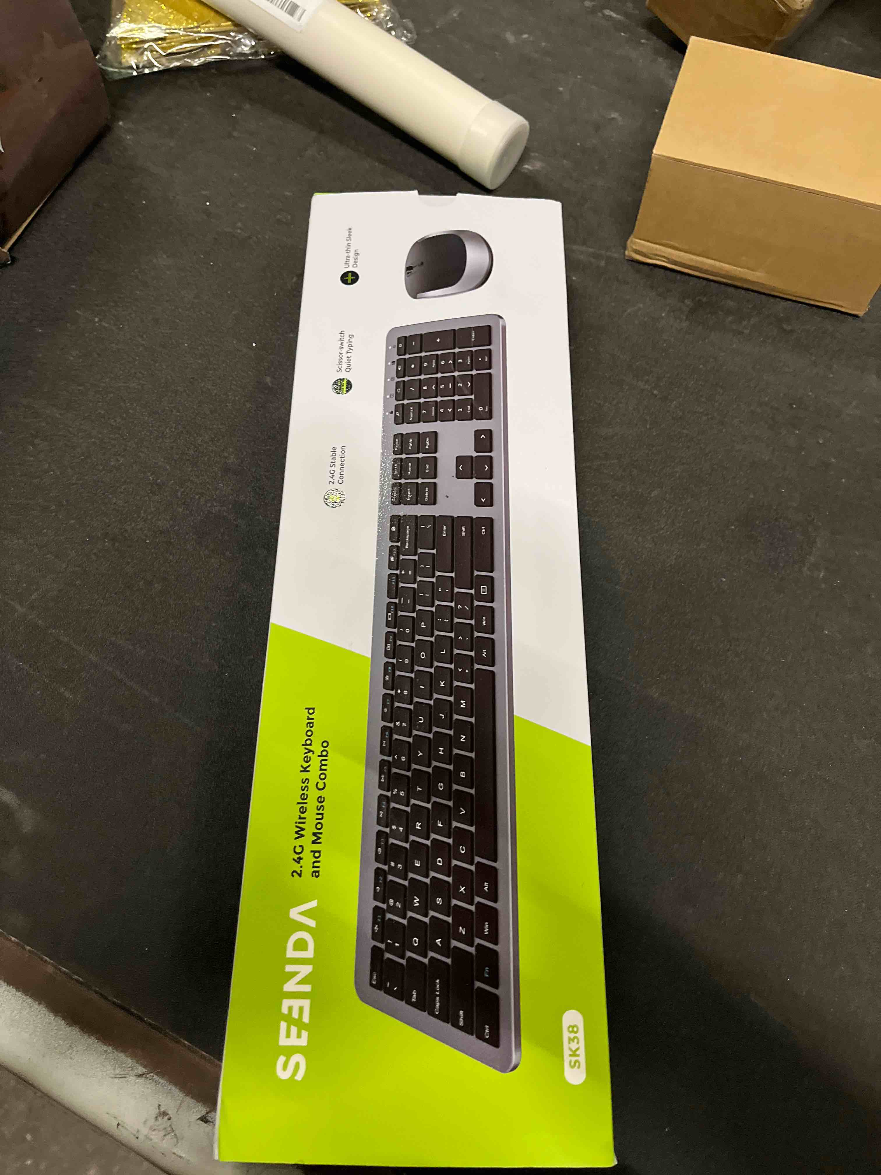 Condition photo showing Good Condition for wireless keyboard and mouse combo - full size slim thin wireless keyboard mouse with numeric keypad 2.4g stable connection adjustable dpi (grey & black) black & grey