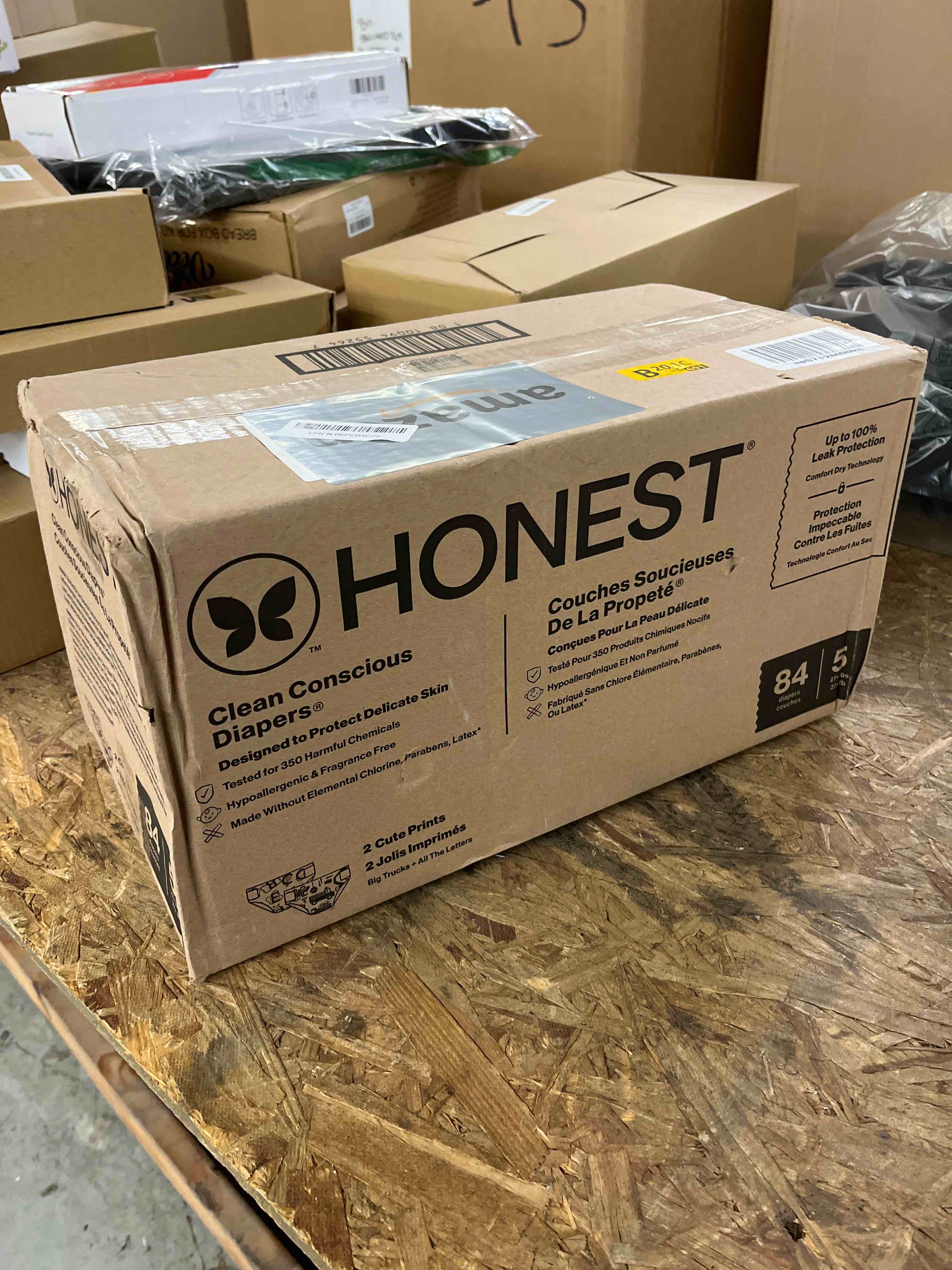 Condition photo showing Good Condition for the honest company comfort dry disposable diapers for sensitive skin, hypoallergenic, big trucks + all the letters, super club box size 5 (27 lbs), 84 count size 5 (84 count) big trucks + all the letters