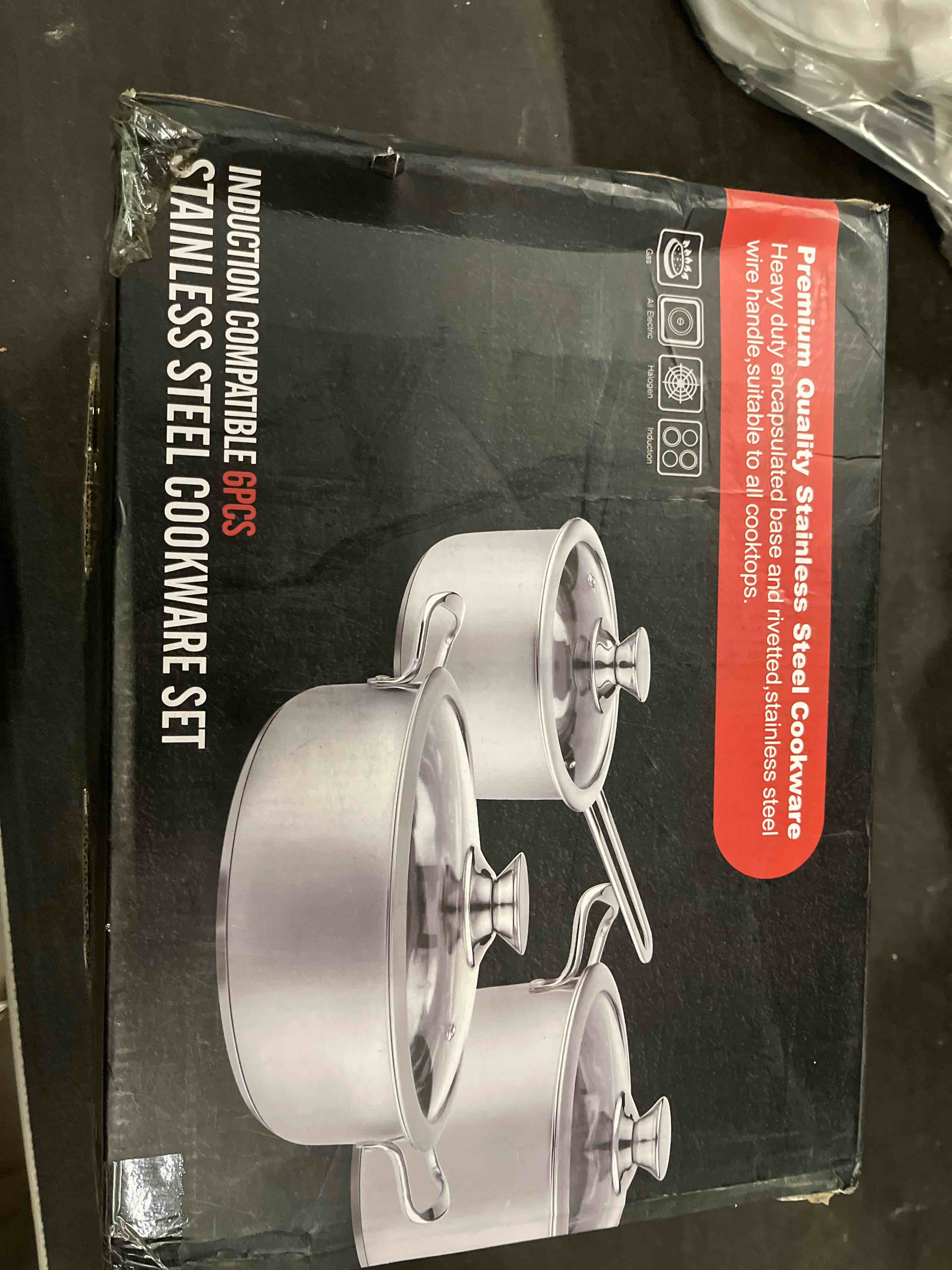 Condition photo showing Good Condition for 6-piece stainless steel cookware set, induction pots and pans set with glass lids, non-toxic kitchen set for gas/electric/induction, oven & dishwasher safe