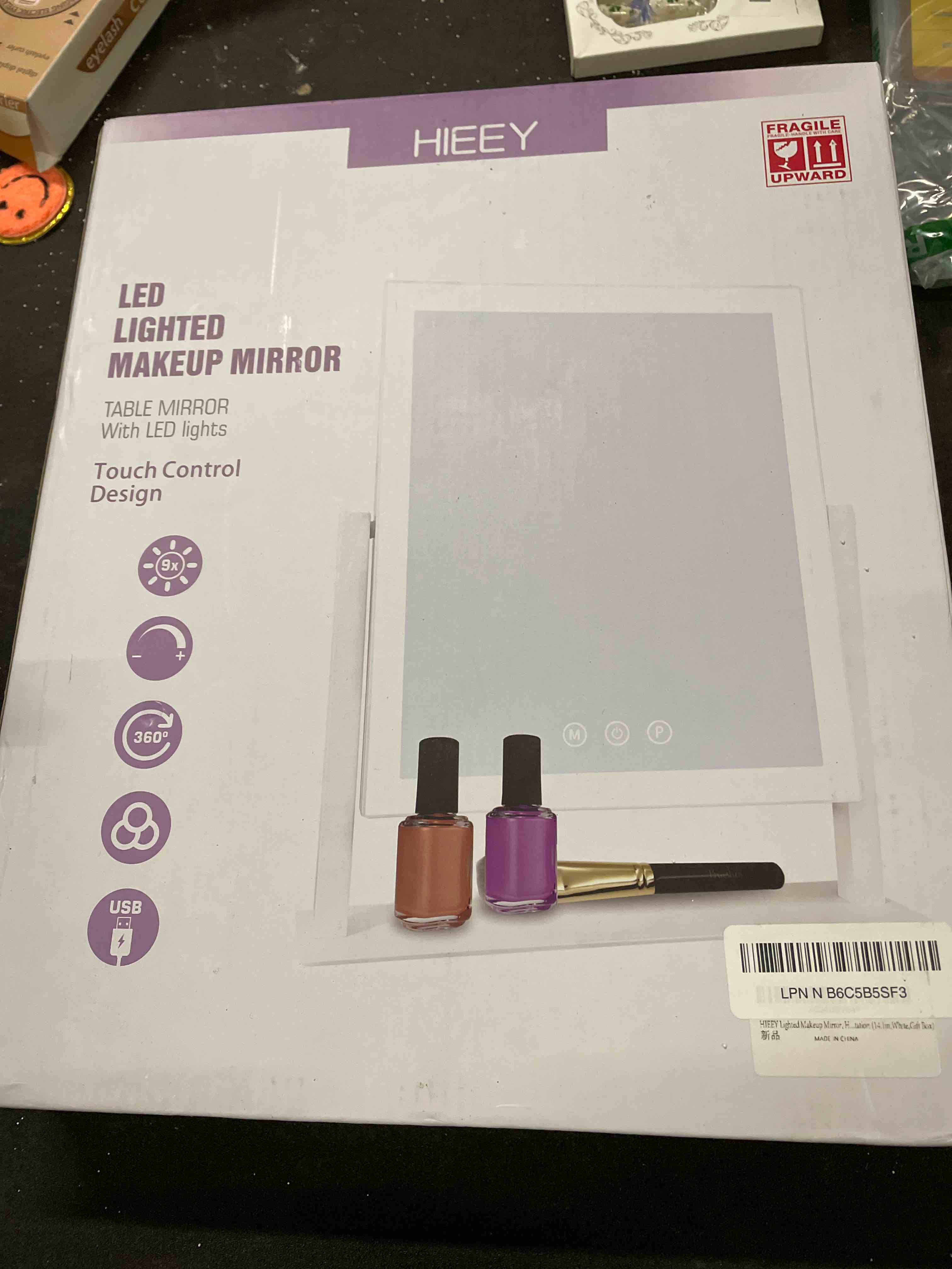 Condition photo showing As Is for (mirror is broken)hieey lighted makeup mirror, 14.1" x 12.1" hollywood vanity mirror with lights, three color lighting modes, and 5x magnification mirror, smart touch control, 360°rotation (white,gift box) 14.1"l x 12.1"w (78 led)
