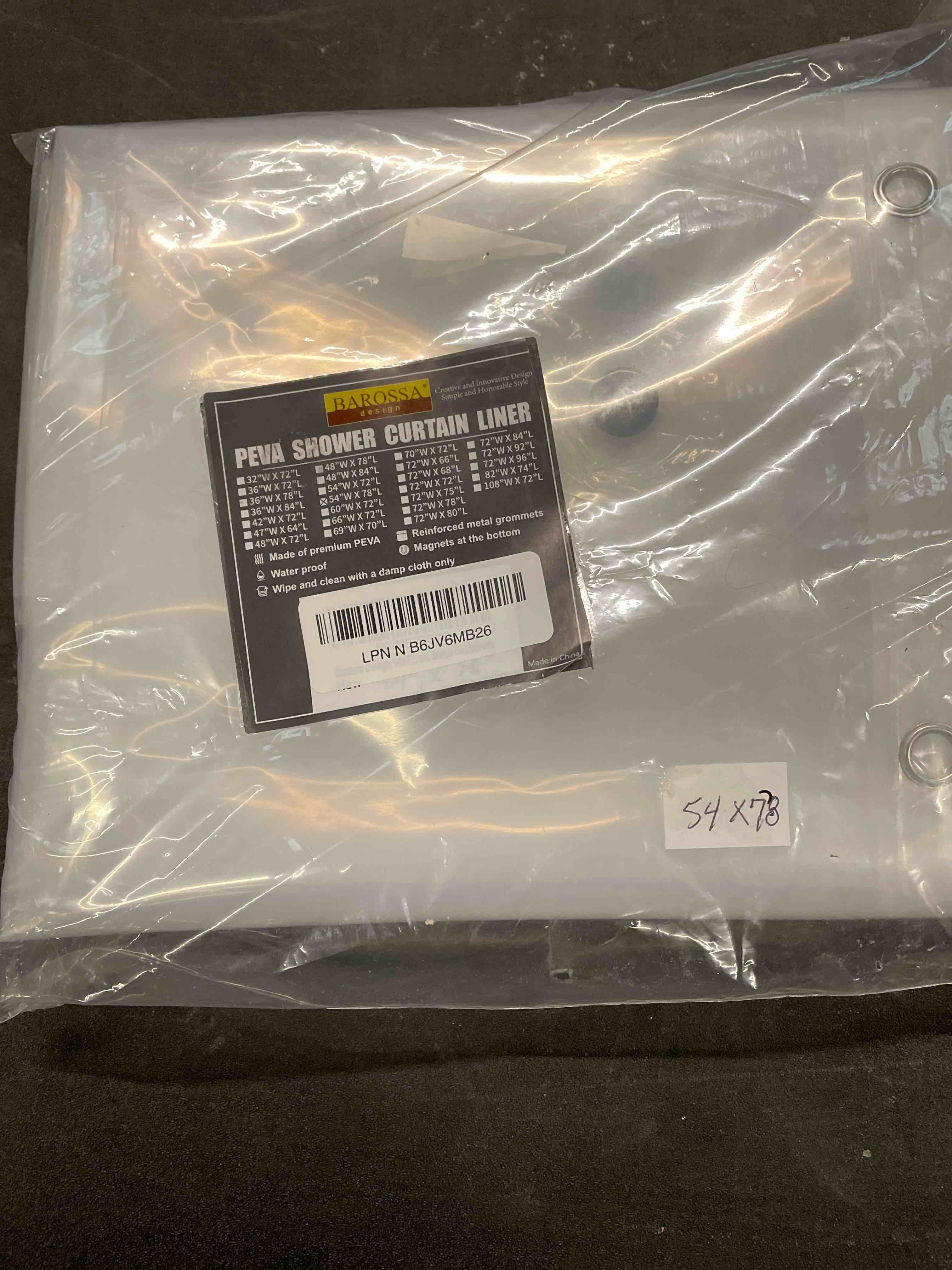 Condition photo showing Good Condition for 54x78 inch stall shower curtain/liner 8g heavy duty clear peva, 3 bottom magnets, waterproof, pvc free, metal grommets 54"w x 78"l (pack of 1) 1a. clear