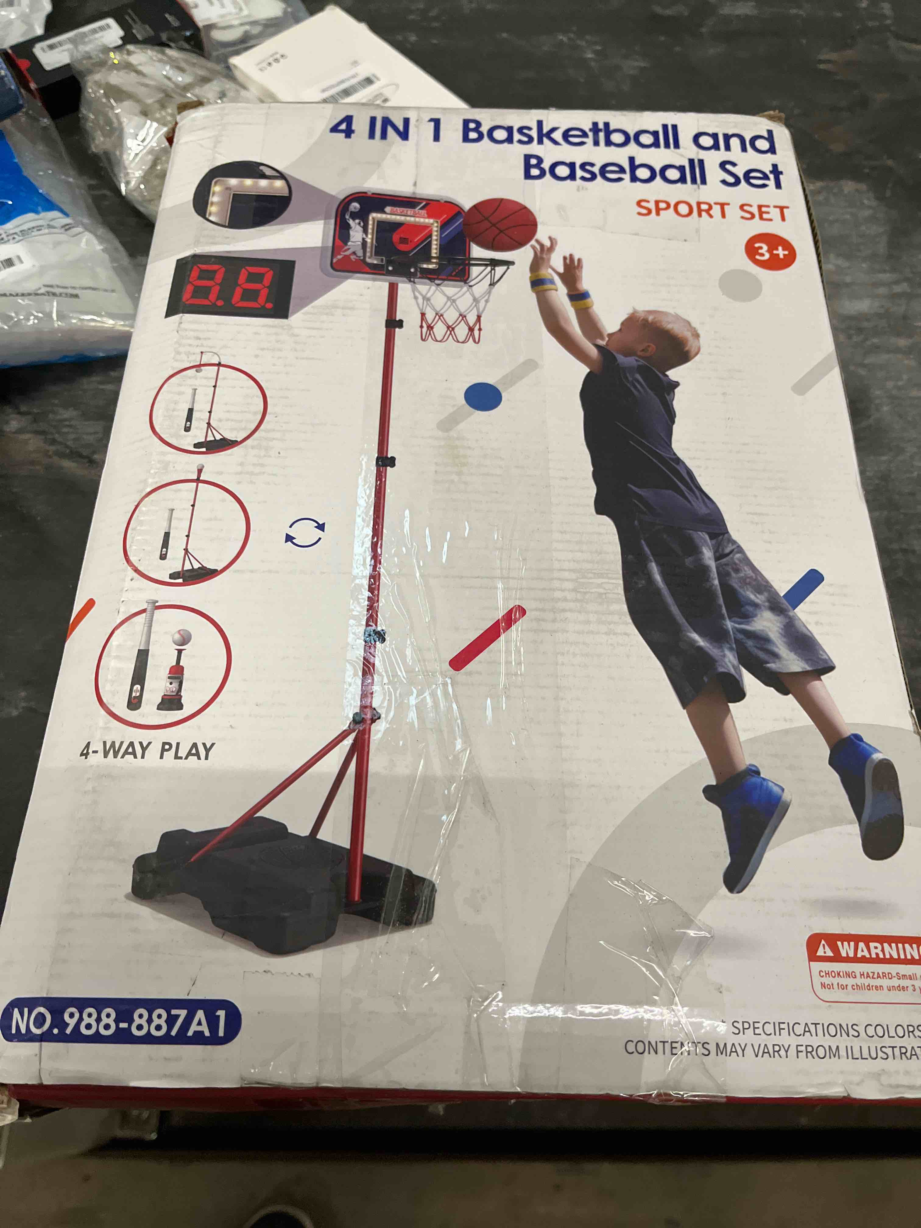 Condition photo showing Good Condition for hyes 4 in 1 kids basketball hoop and tball set 3-5, basketball goal with scoreboard&led, hanging tee ball stand with baseball pitching machine, indoor outdoor sport toys for boys 4-8 with scoreboard & led