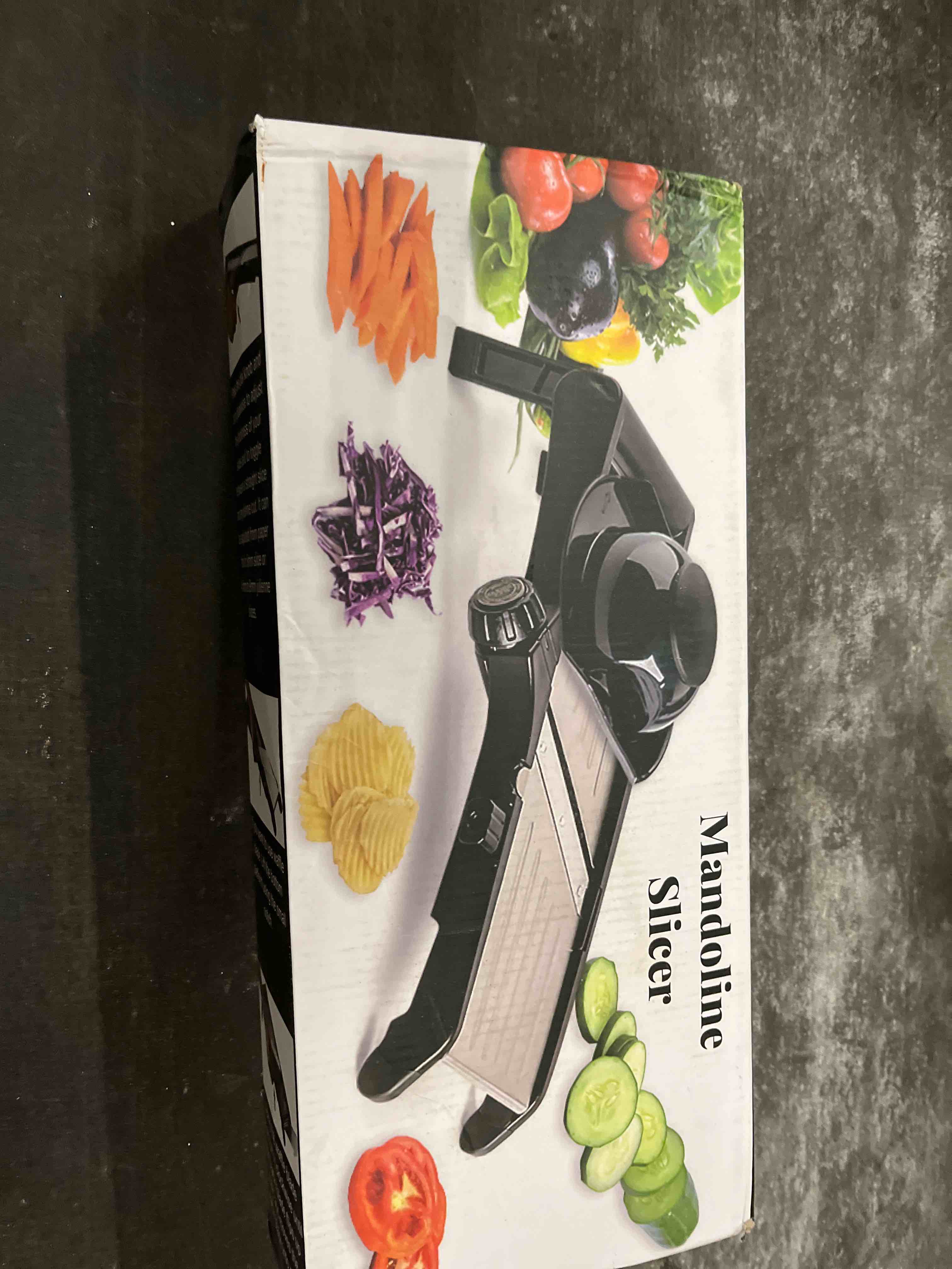 Condition photo showing Good Condition for vekaya mandoline slicer for kitchen, stainless steel professional vegetable slicer with adjustable thickness, ultra sharp blades, safety gloves & food holder, ideal for potatoes, onions, cucumbers black