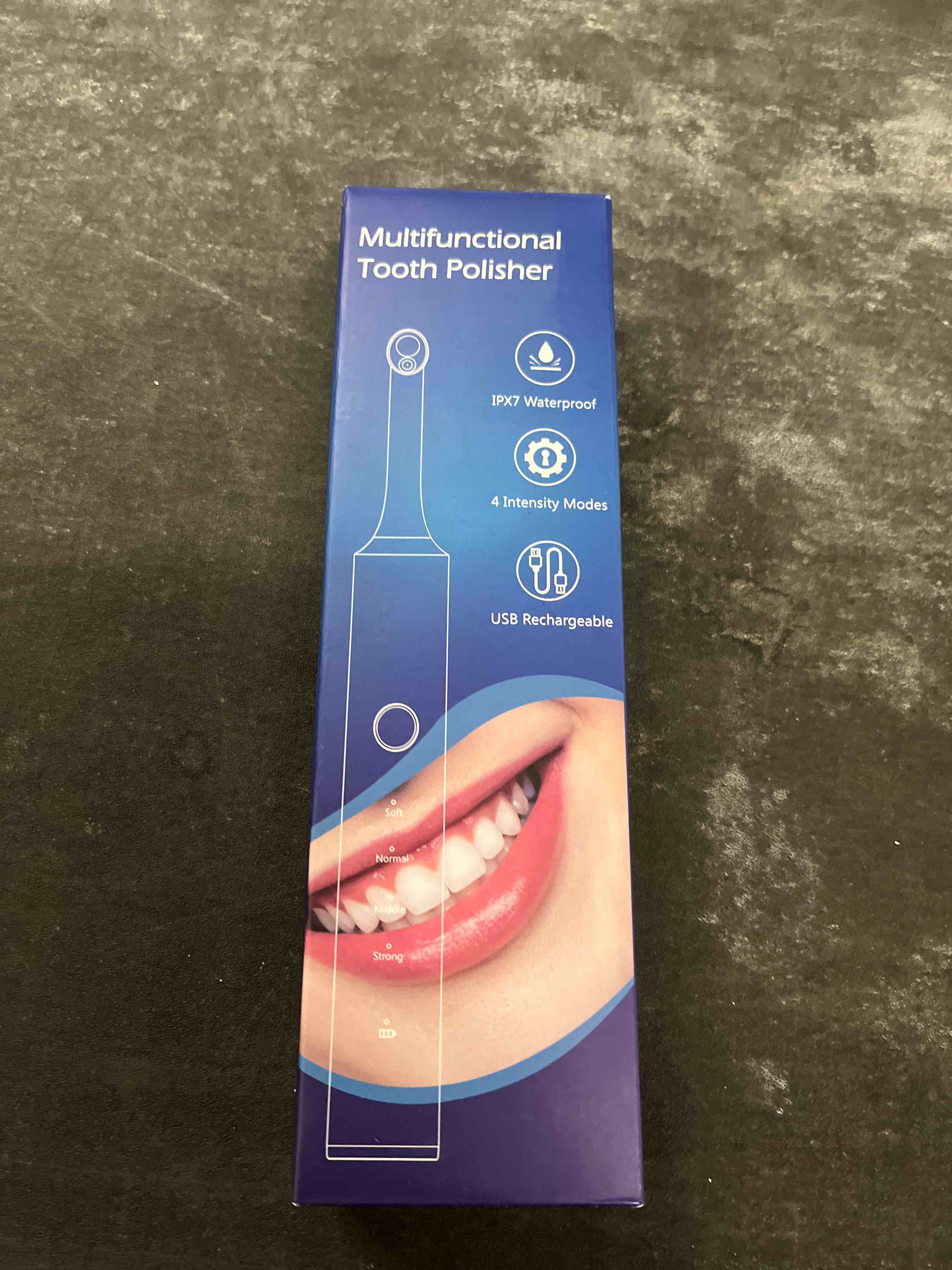 Condition photo showing Good Condition for tooth polisher, tooth whitening kit for teeth cleaning and whitening, rechargeable teeth polisher for people/pets,teeth cleaning kit with 5 brush heads,4 speed modes and led light, waterproof(blue)