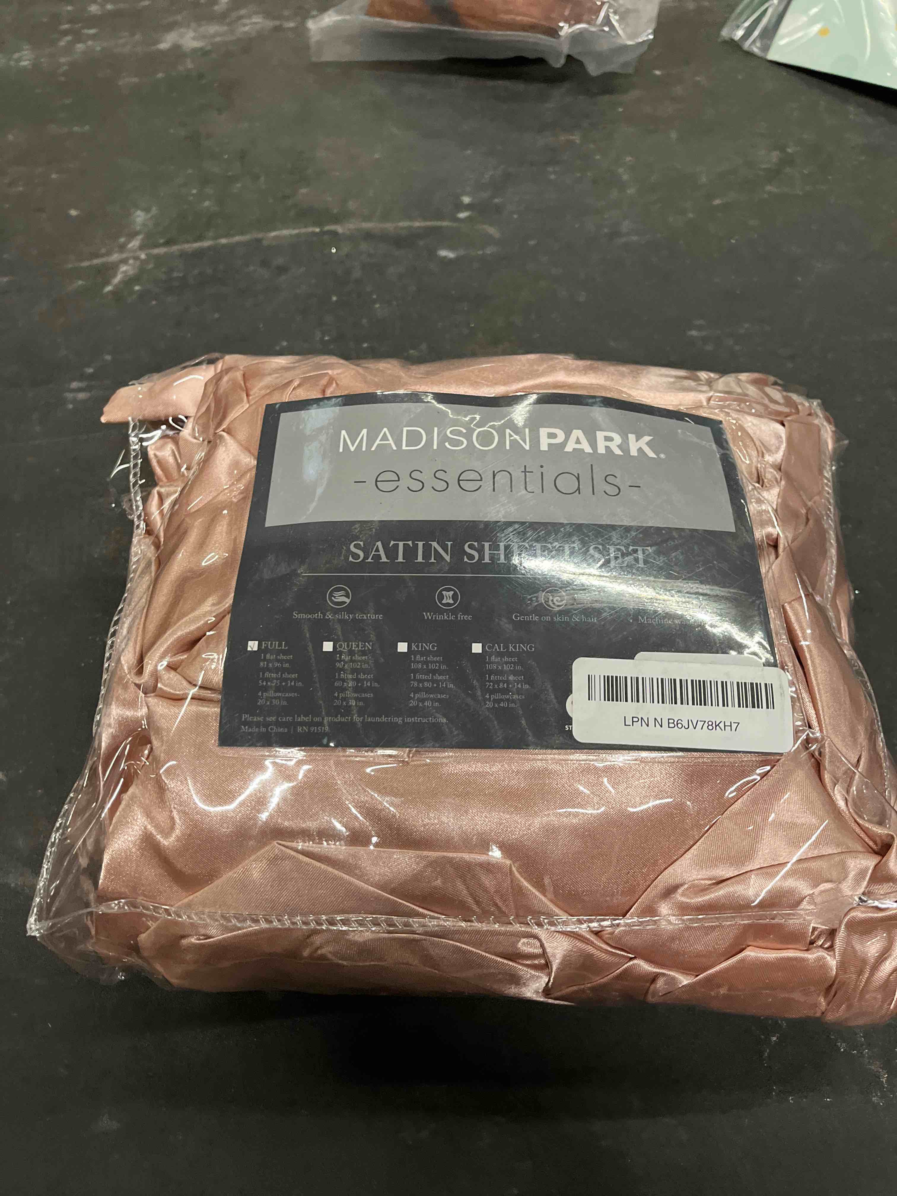 Condition photo showing Good Condition for madison park essentials satin sheet set luxury and silky with natural sheen, elastic 14" pocket fits up to 16" mattress, all around elastic - year-round bedding, full, blush, 6 piece blush sheet set 6pc full