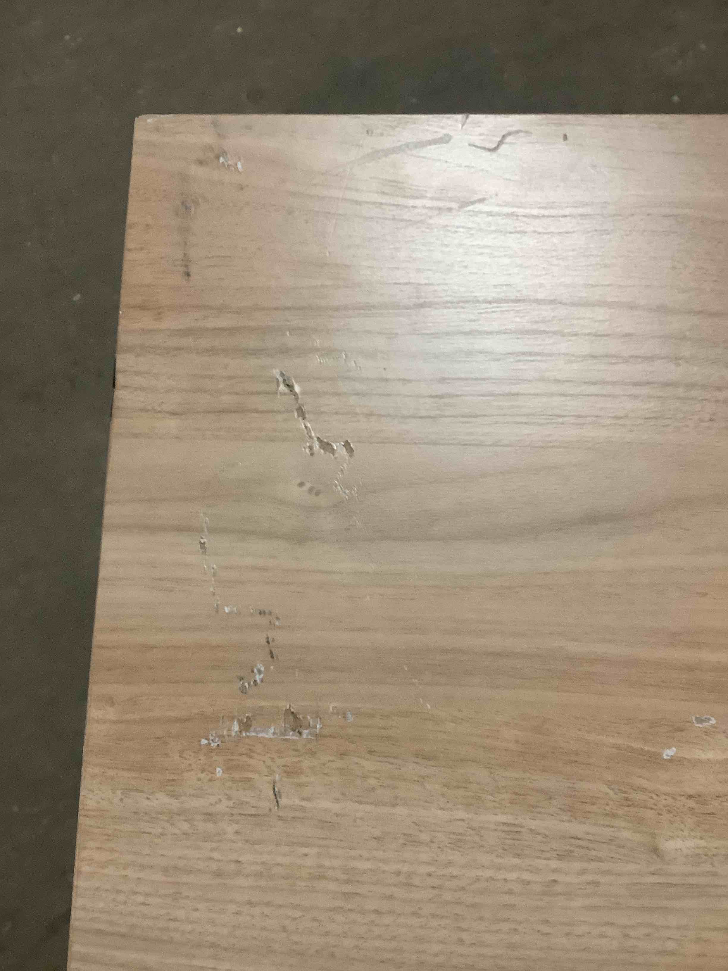 Condition photo showing As Is for Entry Table with Natural Wood and Black finished Metal