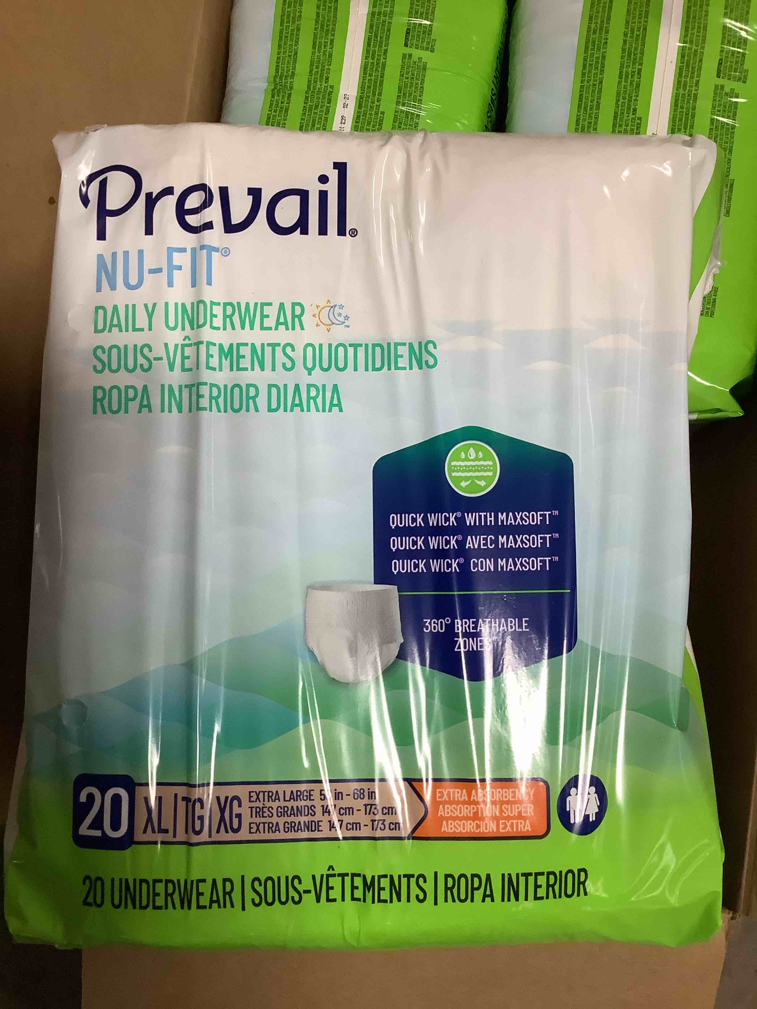 Condition photo showing Good Condition for 4 packages of prevail nu-fit 20 unisex underwear