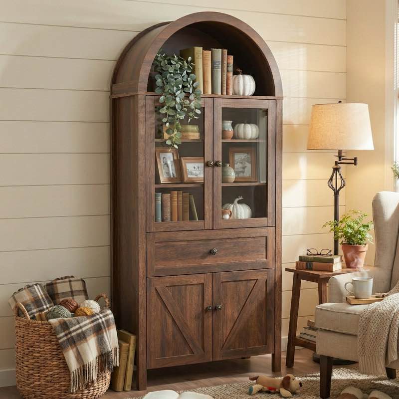Condition photo showing Good Condition for 72" Arched Top Display Cabinet With Glass Doors, Vintage Freestanding Bookshelf With Drawer \u0026 Storage (Black / Natural / Walnut)