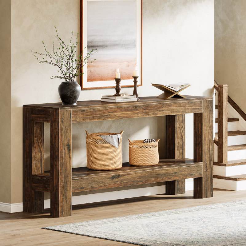 Condition photo showing Good Condition for (“missing hardware”)62.99" long wood console table, farmhouse 2-tier entryway table sofa table
