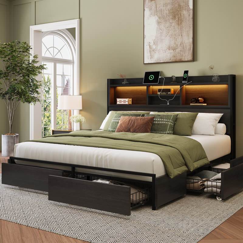 bed frame with 6 storage drawers and headboard wooden platform bed frame with led lights and charging station