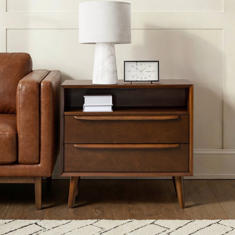 Aviannah Midcentury Modern 28\u0027\u0027W 2-Drawer Nightstand with Charging Station and Solid Wood Legs and Open Shelf