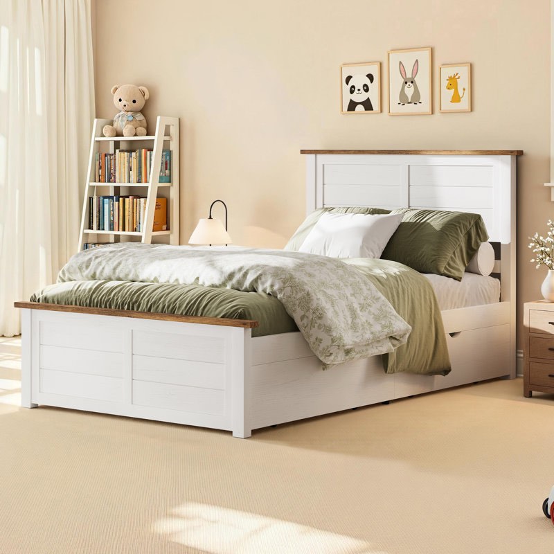 solid wood platform bed with 4 storage drawers, for kids, teens