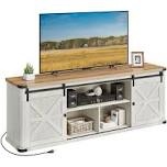 cesilee tv stand for tvs up to 75"  with 2 sliding barn doors and built-in charging station