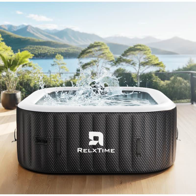 relxtime square inflatable hot tub 2 to 3 person blow up hottub spa with 120 jets, portable outdoor air jet spa outdoor, black
