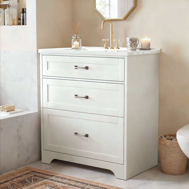 30" Bathroom Vanity With Ceramic Sink, Modern Storage Cabinet, Tilt-Out Drawer, Easy Assembly, White Or Black Cabinet